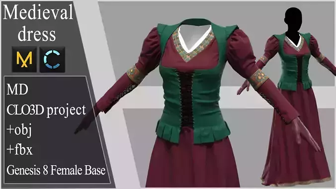 Medieval dress 3 Marvelous Designer project 3D model