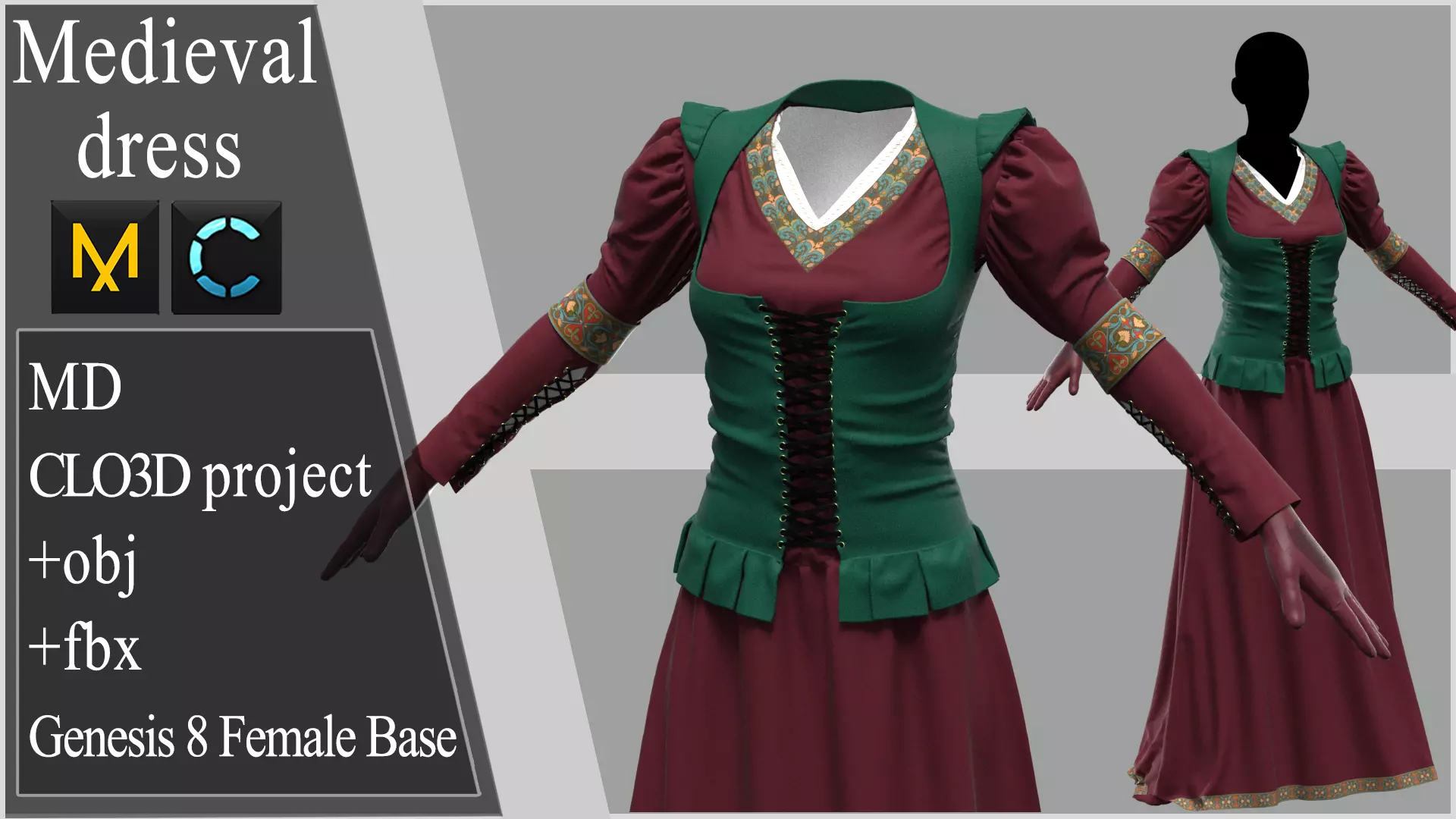 Medieval dress 3 Marvelous Designer project 3D model_0