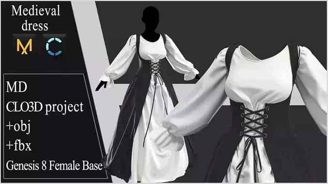 Medieval dress 1 Marvelous Designer project 3D model