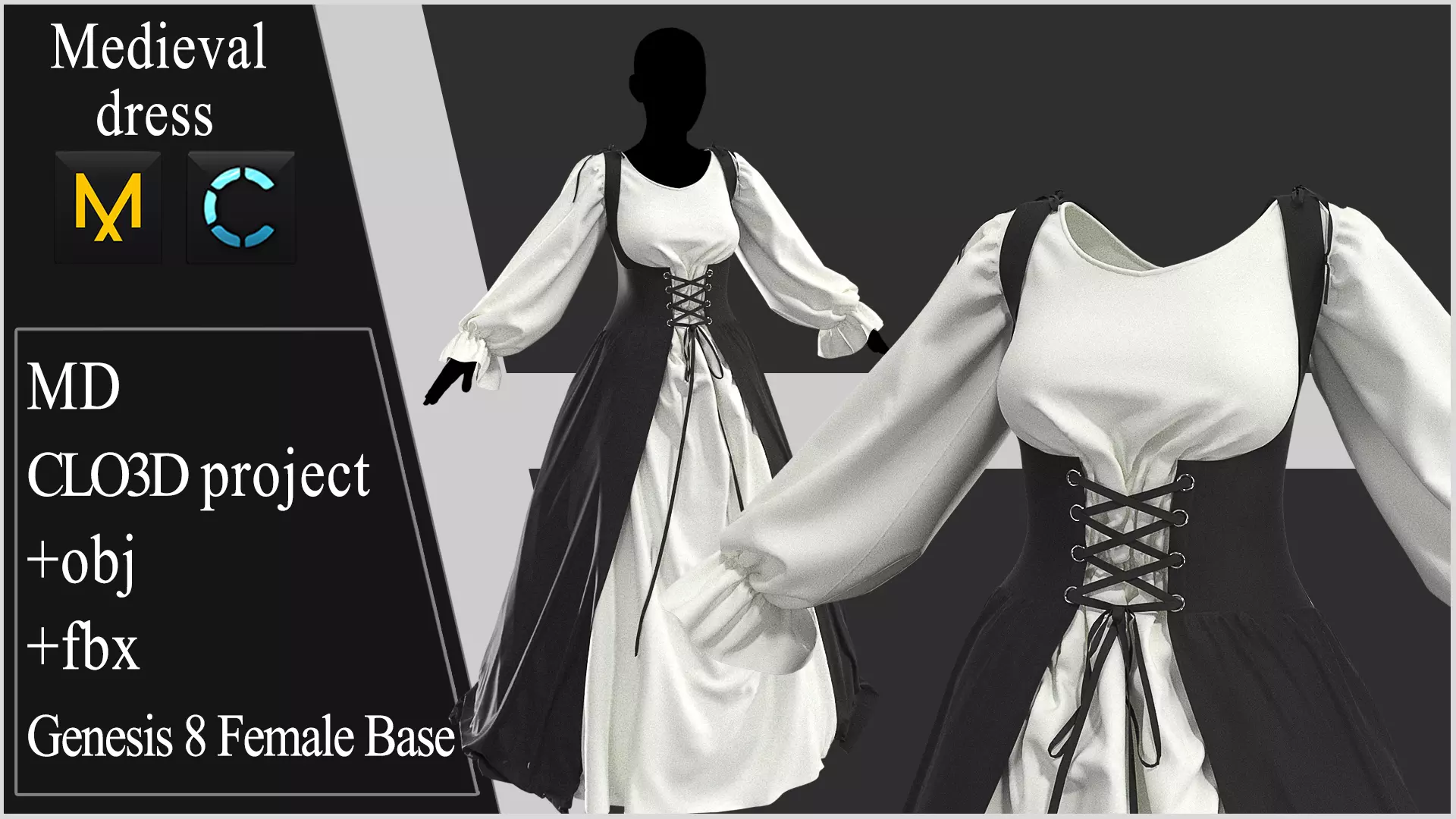 Medieval dress 1 Marvelous Designer project 3D model_0