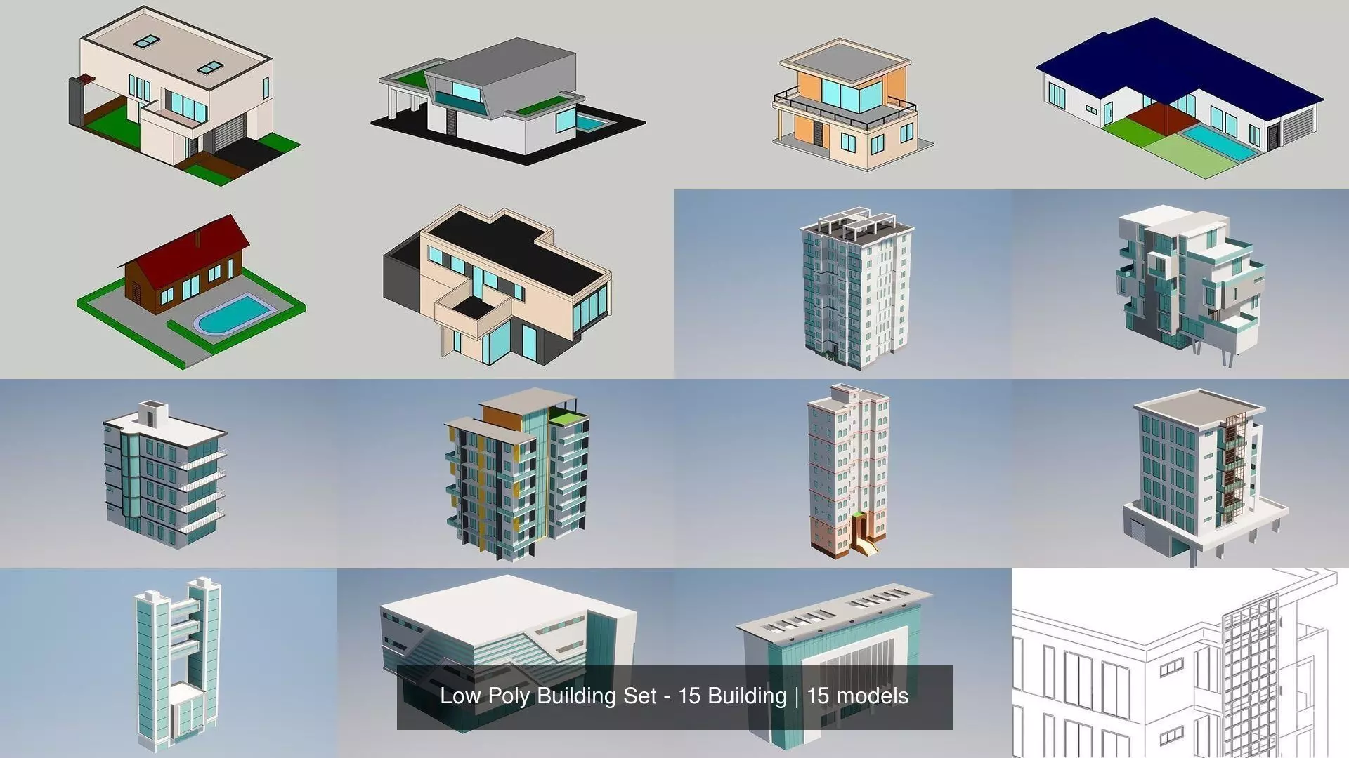 Low Poly Building Set - 15 Building 3D Model Collection_16