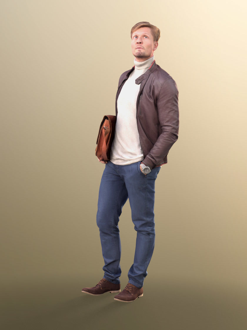 Andrew 10599 - Stylish Guy Man with leather jacket and suitcase Low-poly 3D model_2