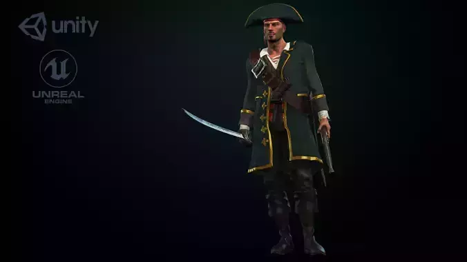 Pirate Captain Gameready with animations Low-poly 3D model