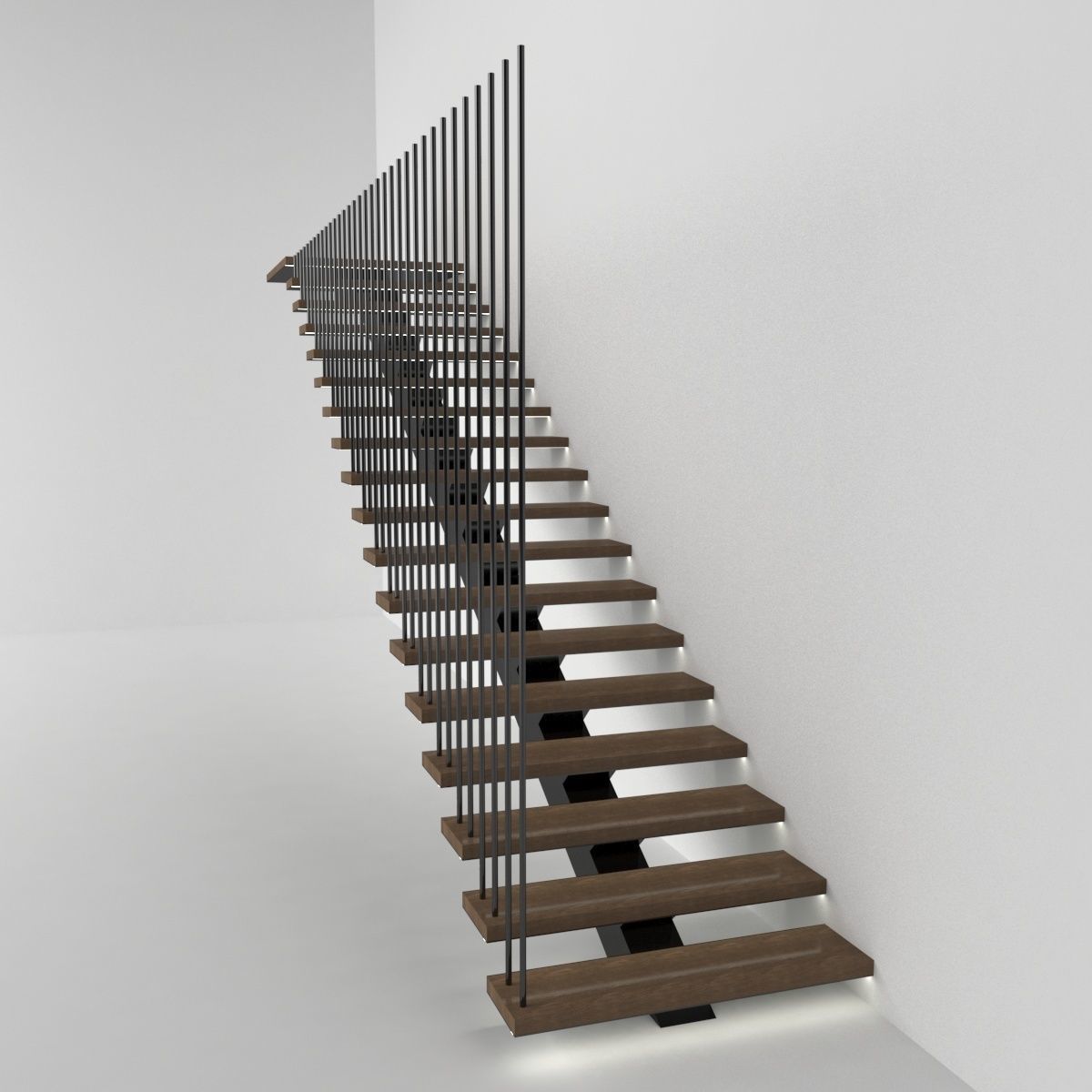 stairs staircase made of wood and metal 3D model_6