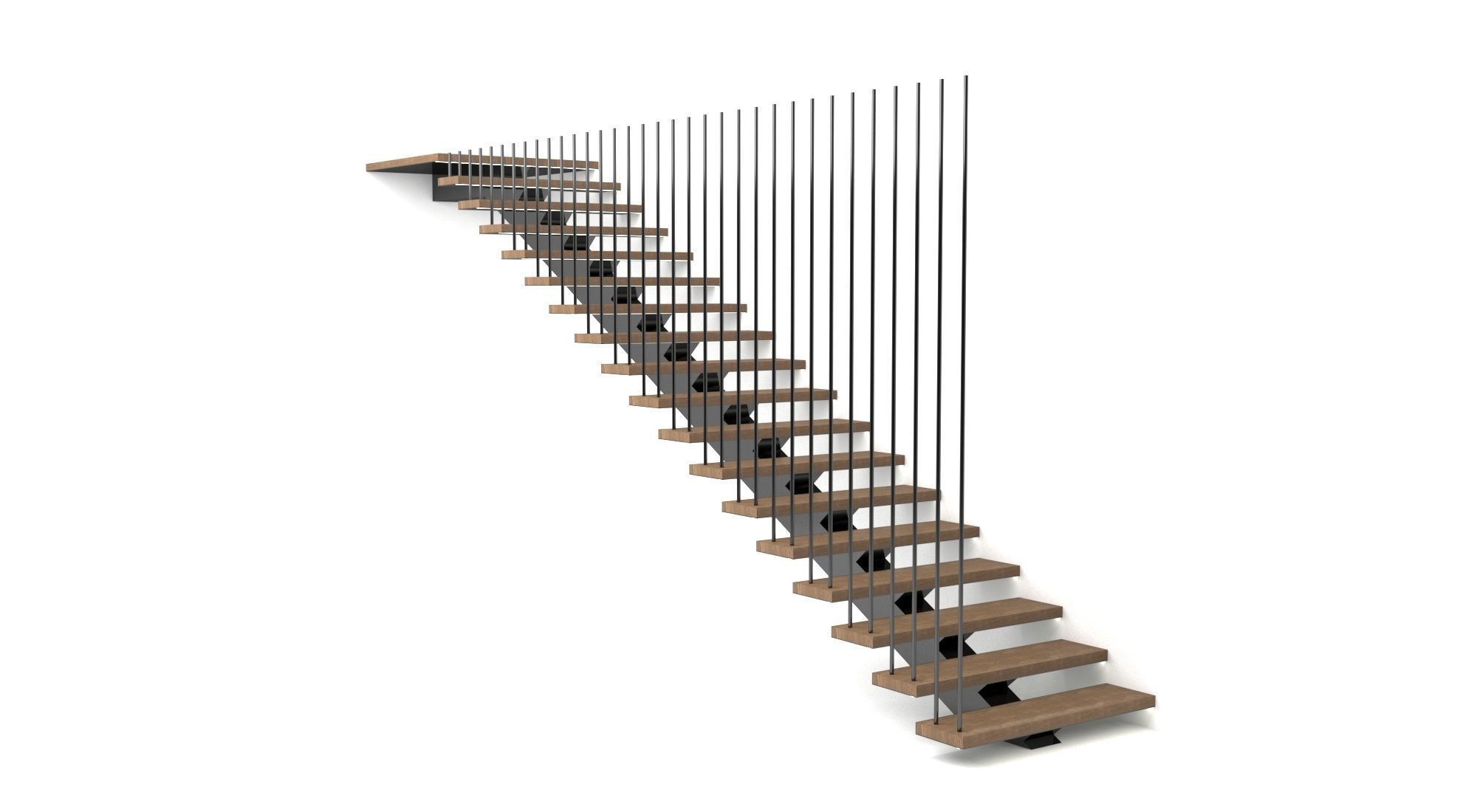 stairs staircase made of wood and metal 3D model_3