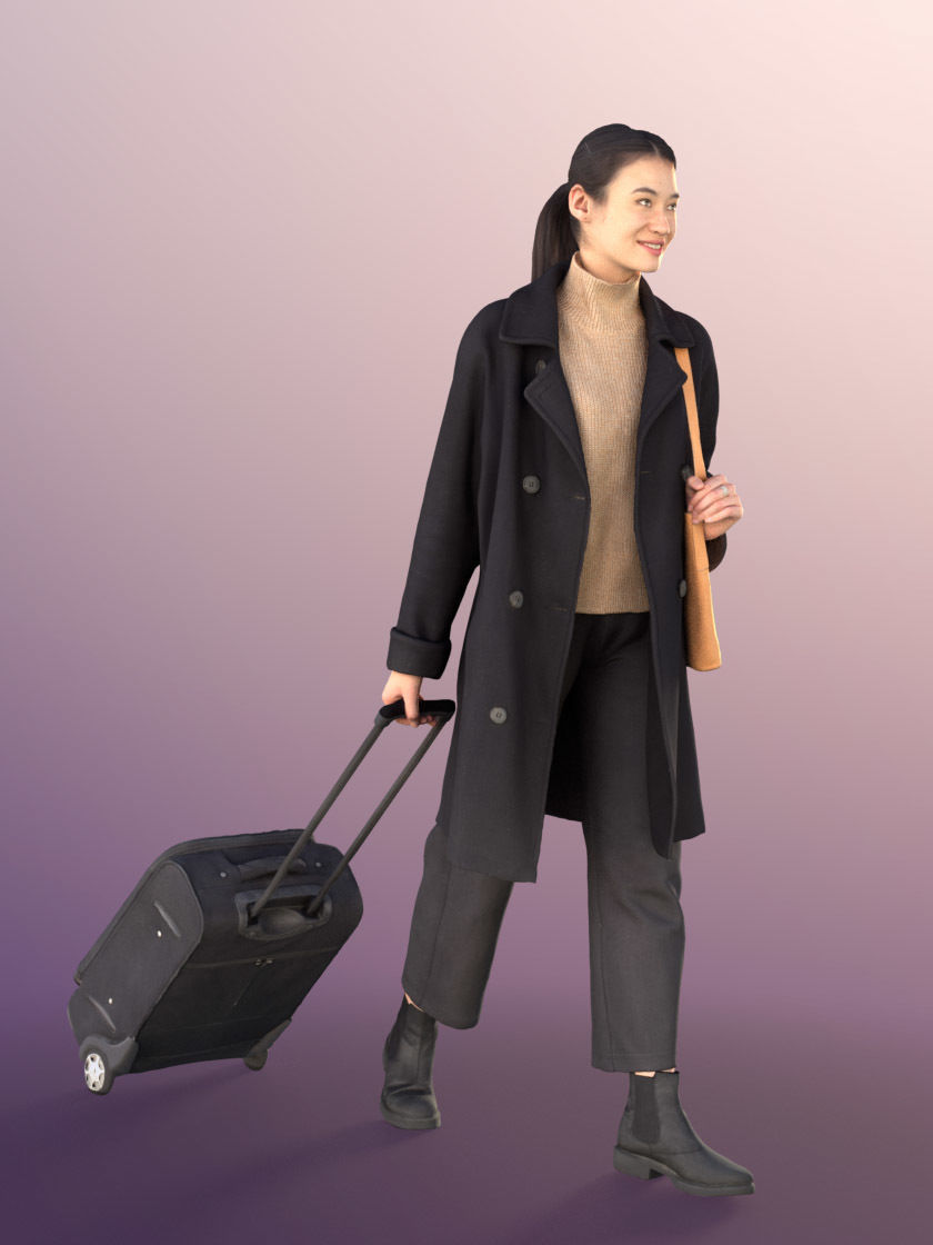 Francine 11305 - Asian Woman Black Coat Trolley Travelling Bag Low-poly 3D model_2