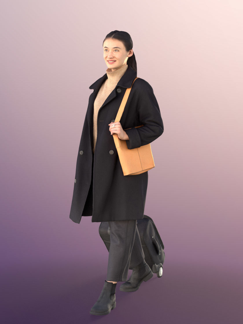 Francine 11305 - Asian Woman Black Coat Trolley Travelling Bag Low-poly 3D model_4