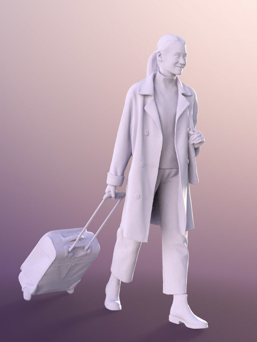 Francine 11305 - Asian Woman Black Coat Trolley Travelling Bag Low-poly 3D model_3