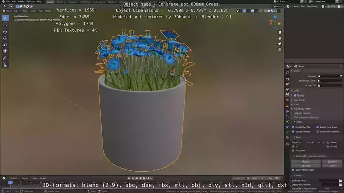 Concrete Pot 800mm with Blue Flowers Version 1 Low-poly 3D model