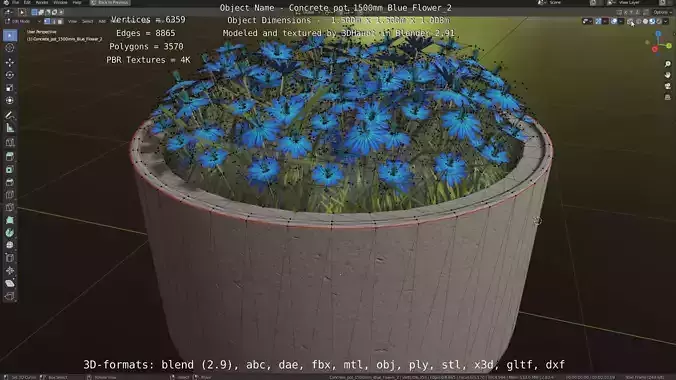 Concrete Pot 1500mm with Blue Flowers Version 2 Low-poly 3D model