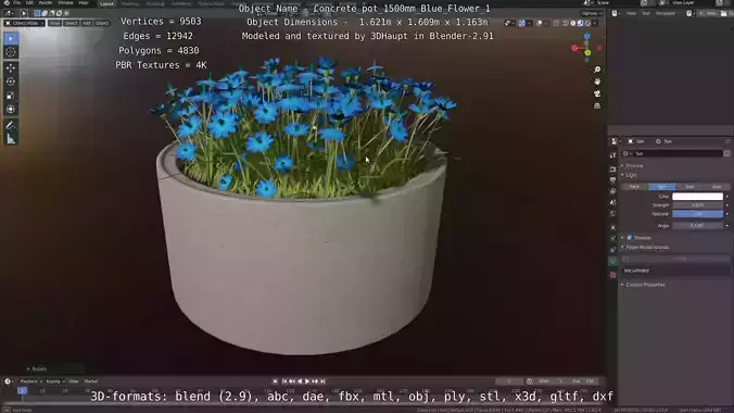 Concrete Pot 1500mm with Blue Flowers Version 1 Low-poly 3D model