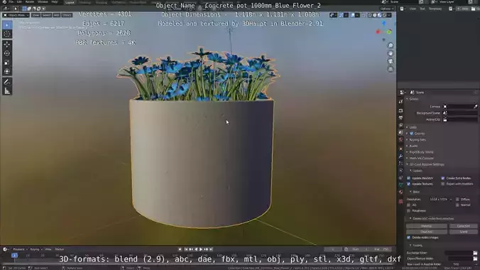 Concrete Pot 1000mm with Blue Flowers Version 2 Low-poly 3D model