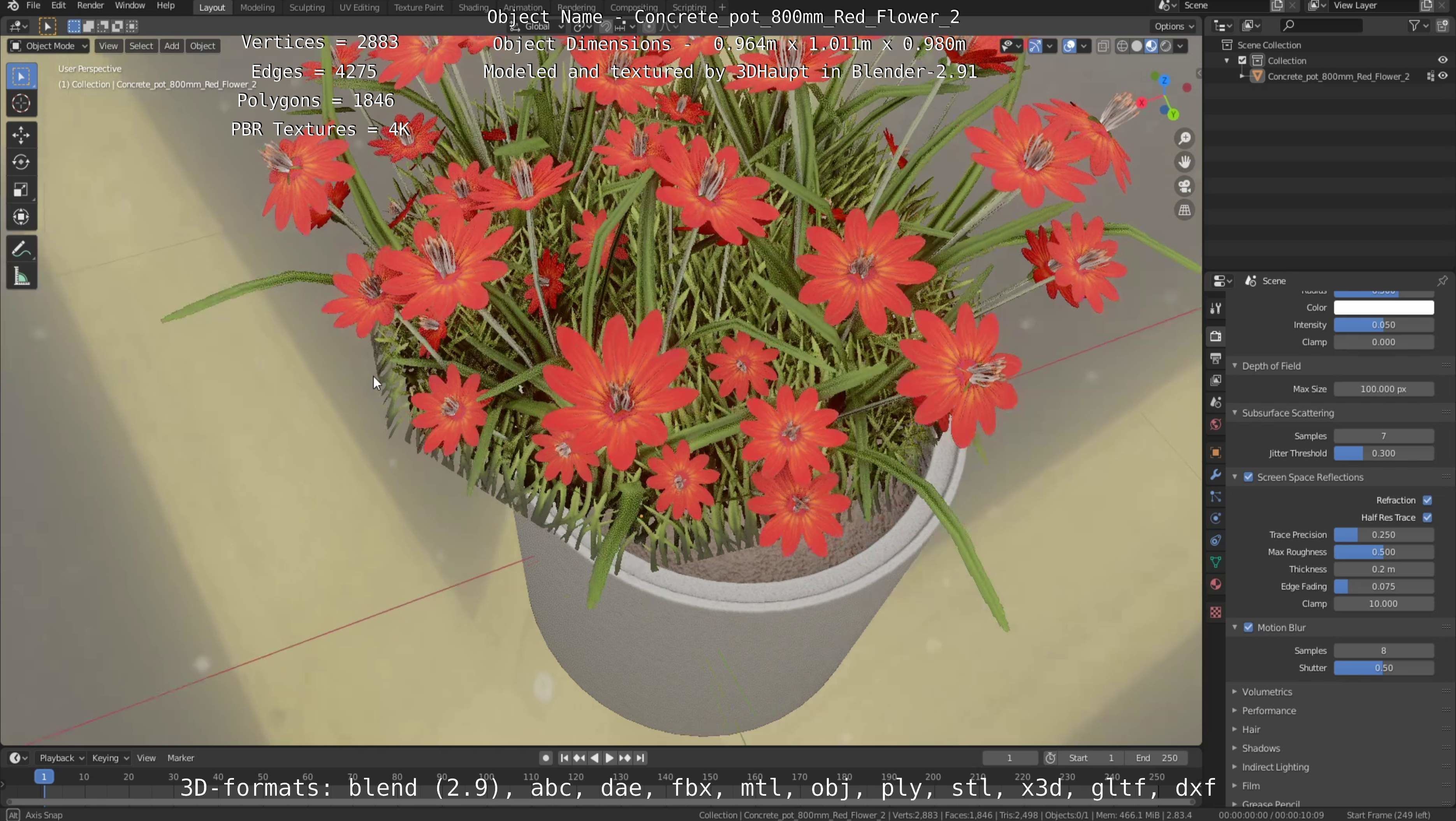 Concrete Pot 800mm with Red Flowers Version 2 Low-poly 3D model_67