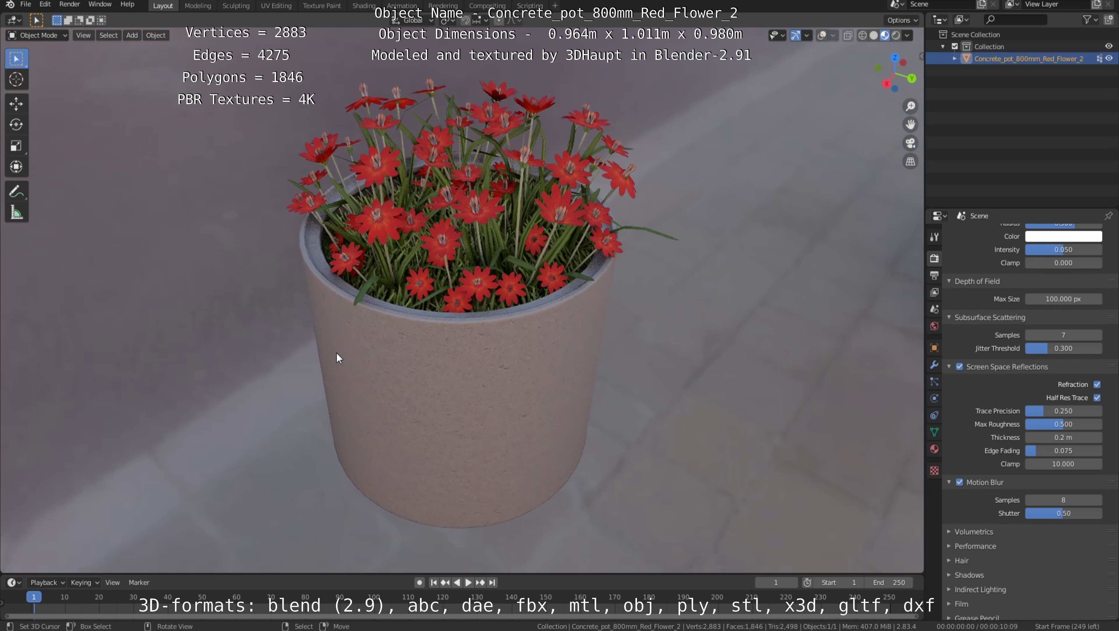 Concrete Pot 800mm with Red Flowers Version 2 Low-poly 3D model_100