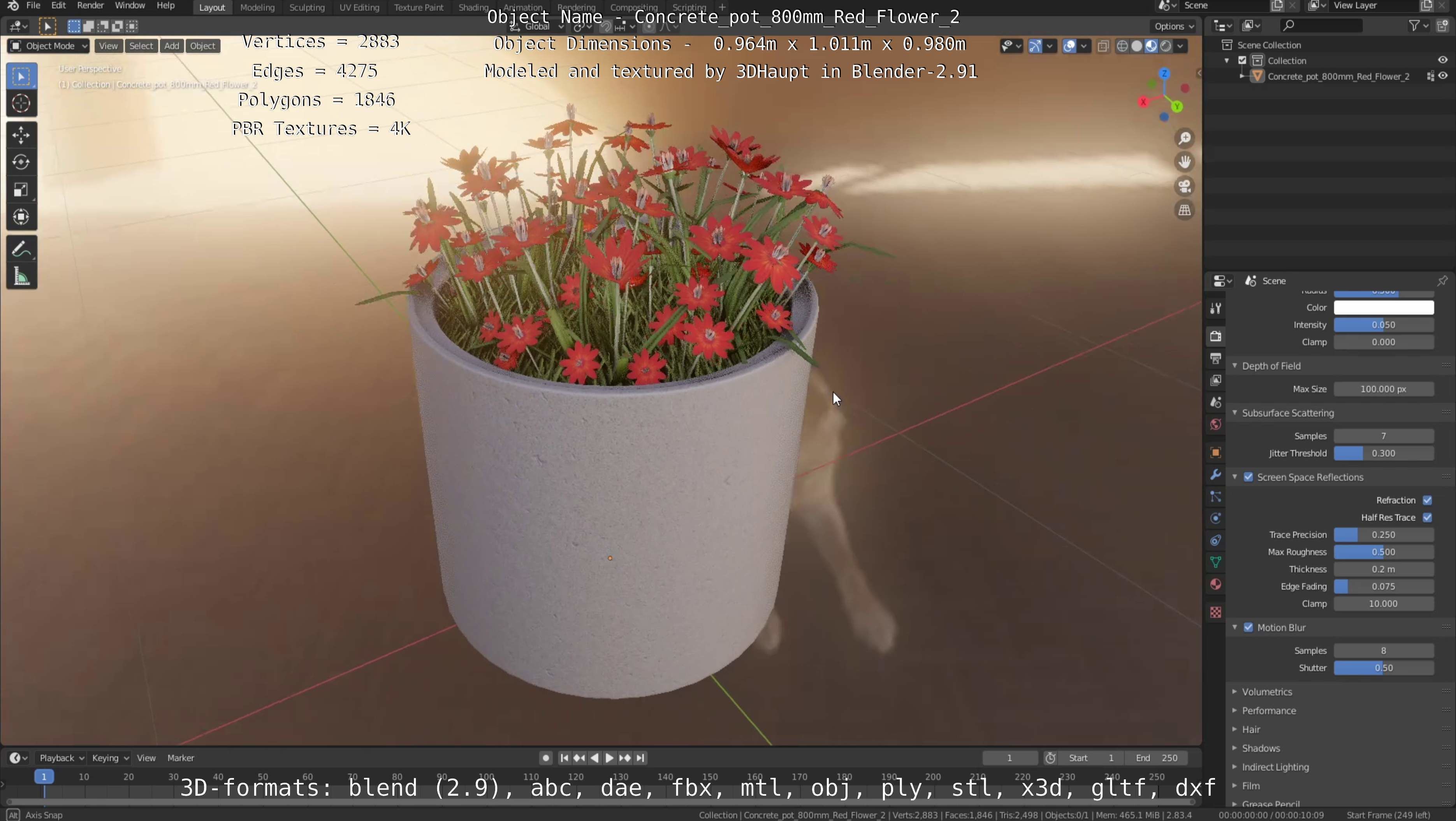 Concrete Pot 800mm with Red Flowers Version 2 Low-poly 3D model_54