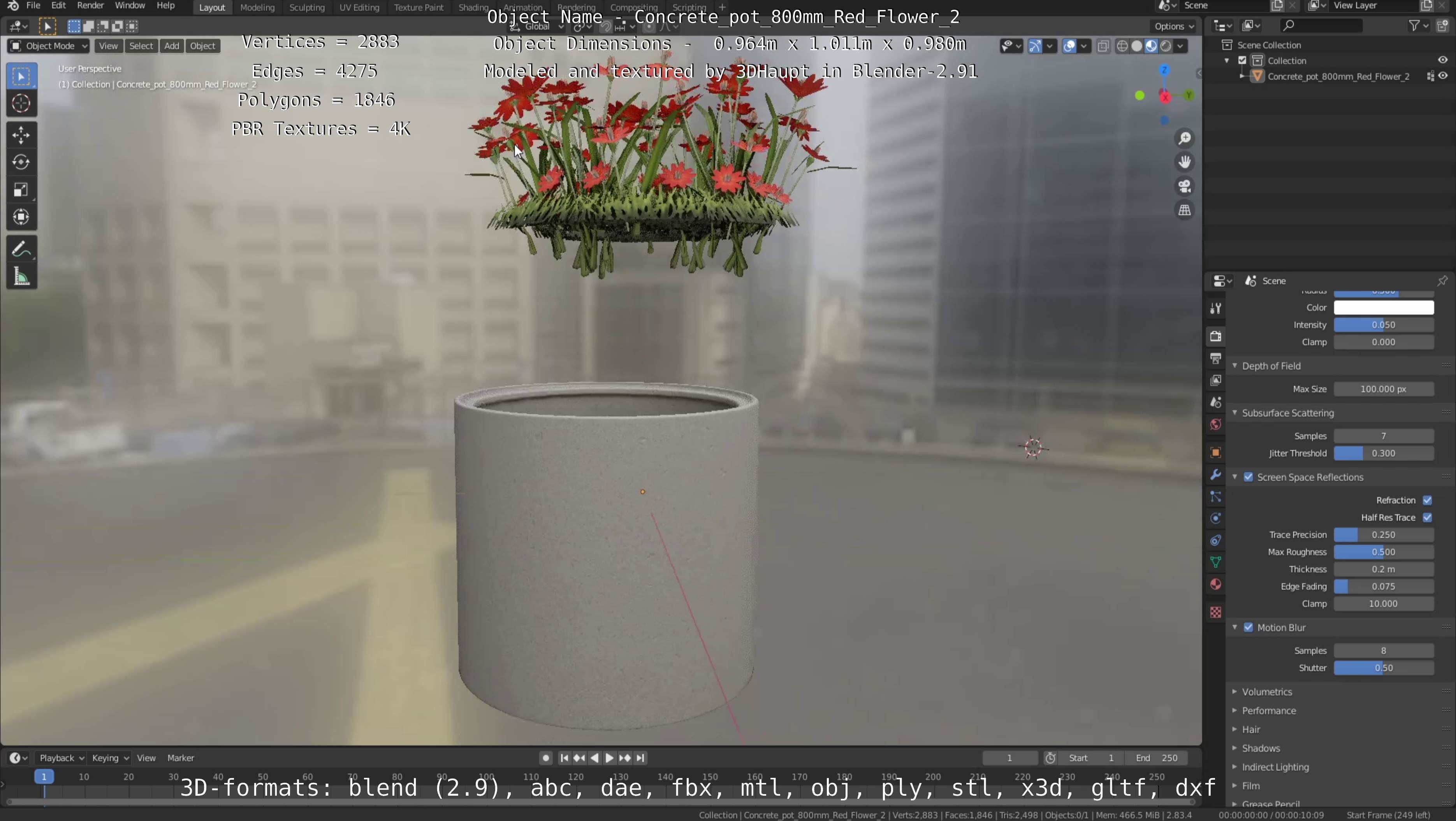 Concrete Pot 800mm with Red Flowers Version 2 Low-poly 3D model_83