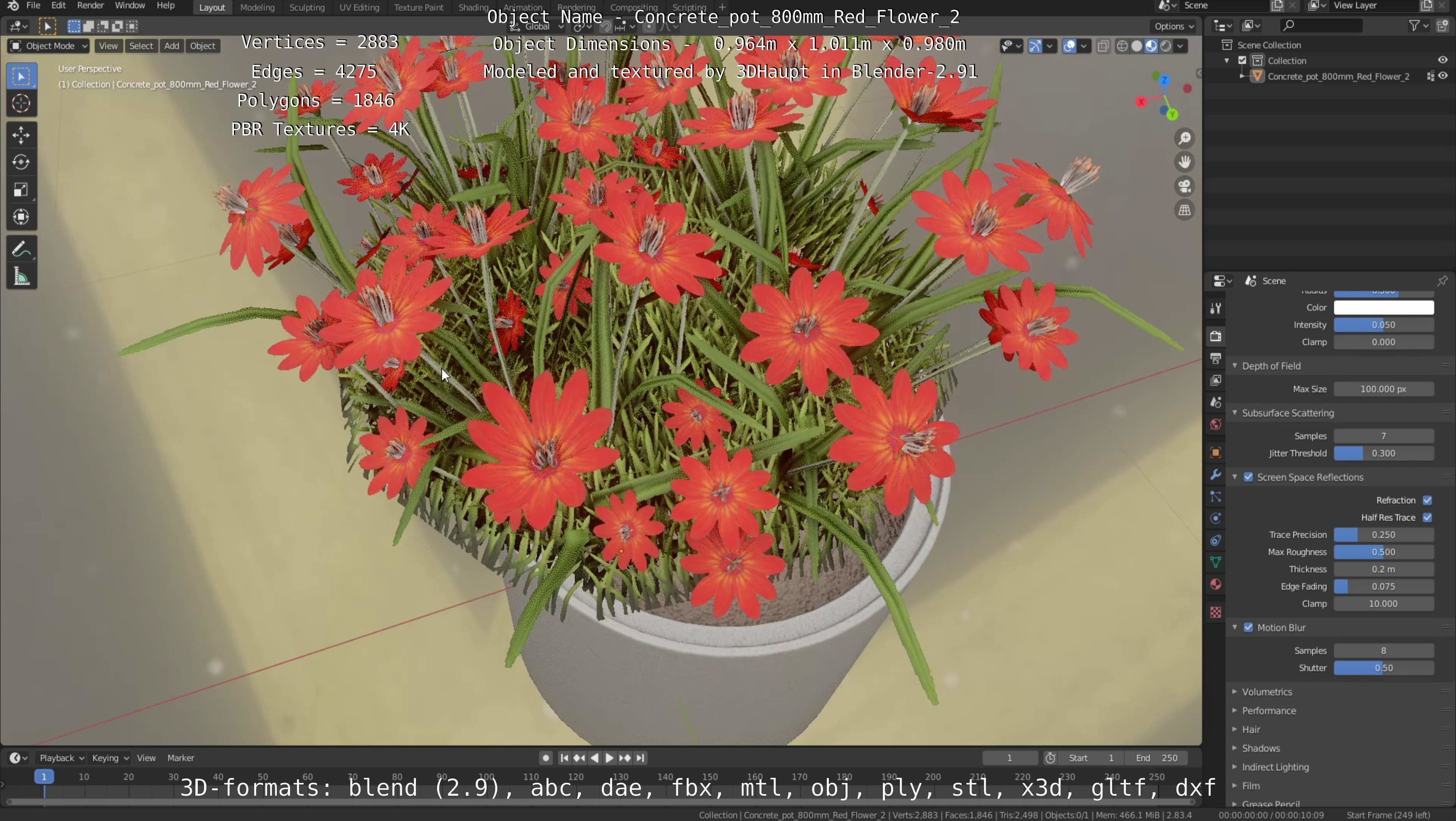 Concrete Pot 800mm with Red Flowers Version 2 Low-poly 3D model_68