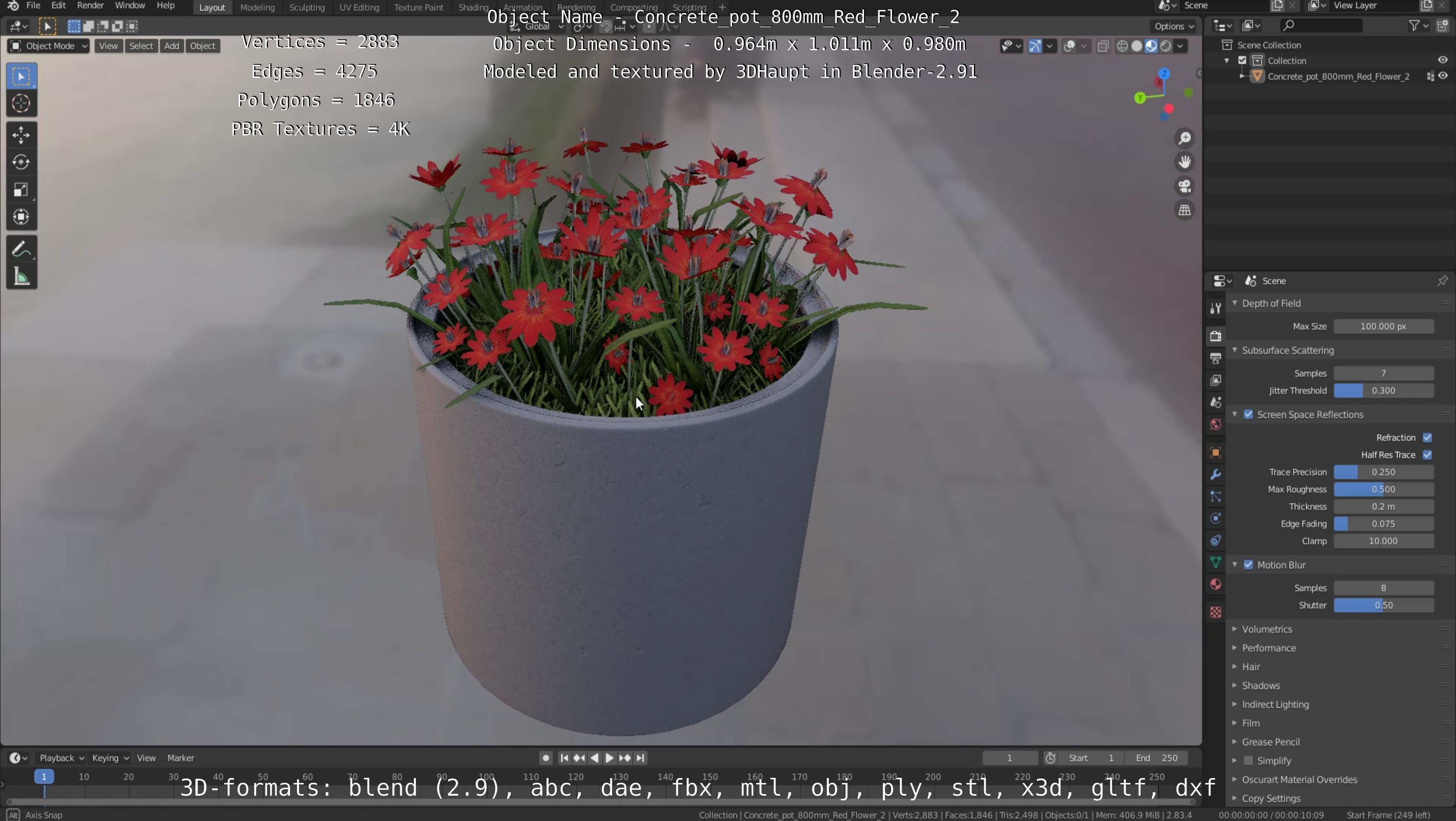 Concrete Pot 800mm with Red Flowers Version 2 Low-poly 3D model_89