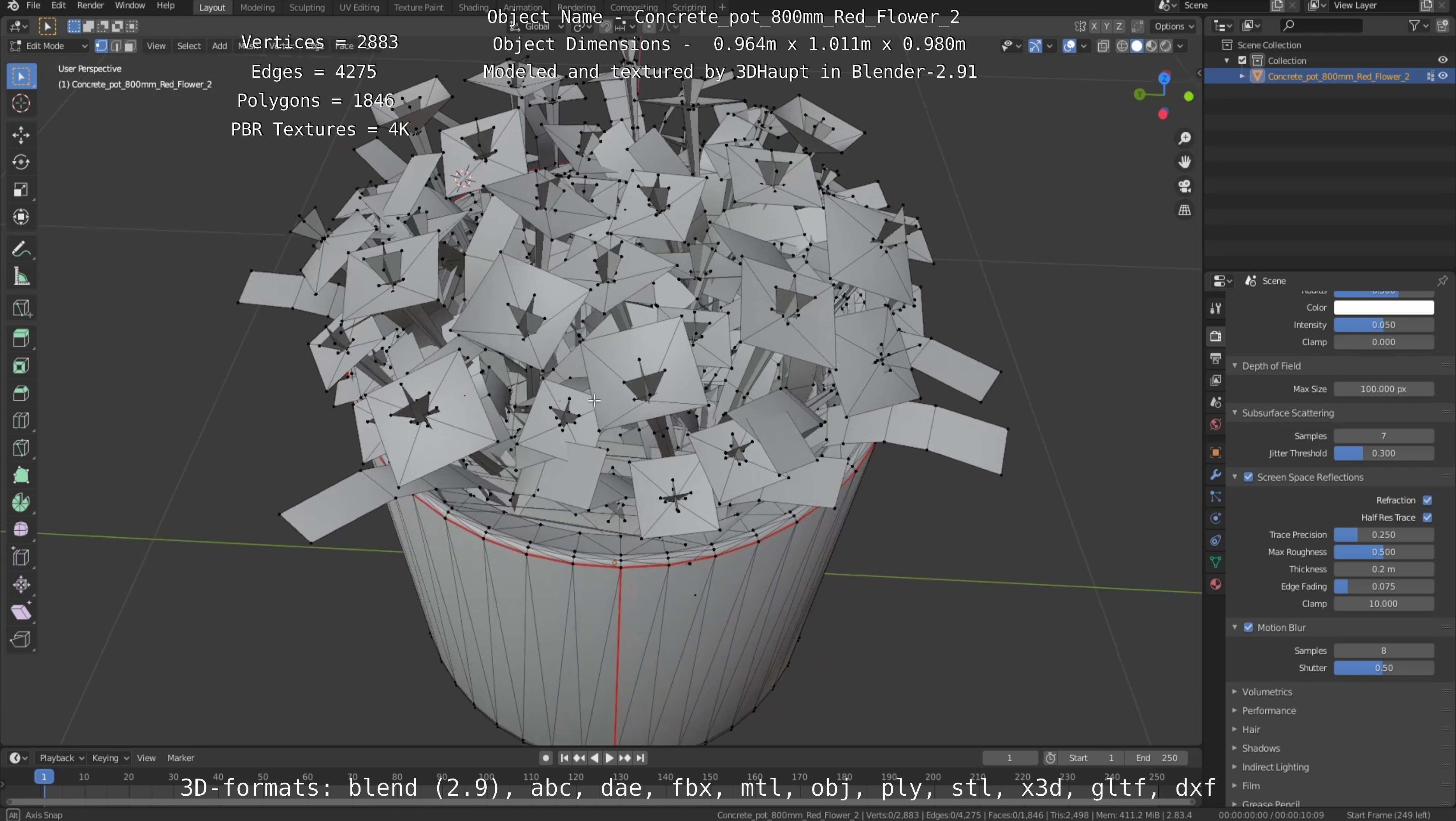 Concrete Pot 800mm with Red Flowers Version 2 Low-poly 3D model_8