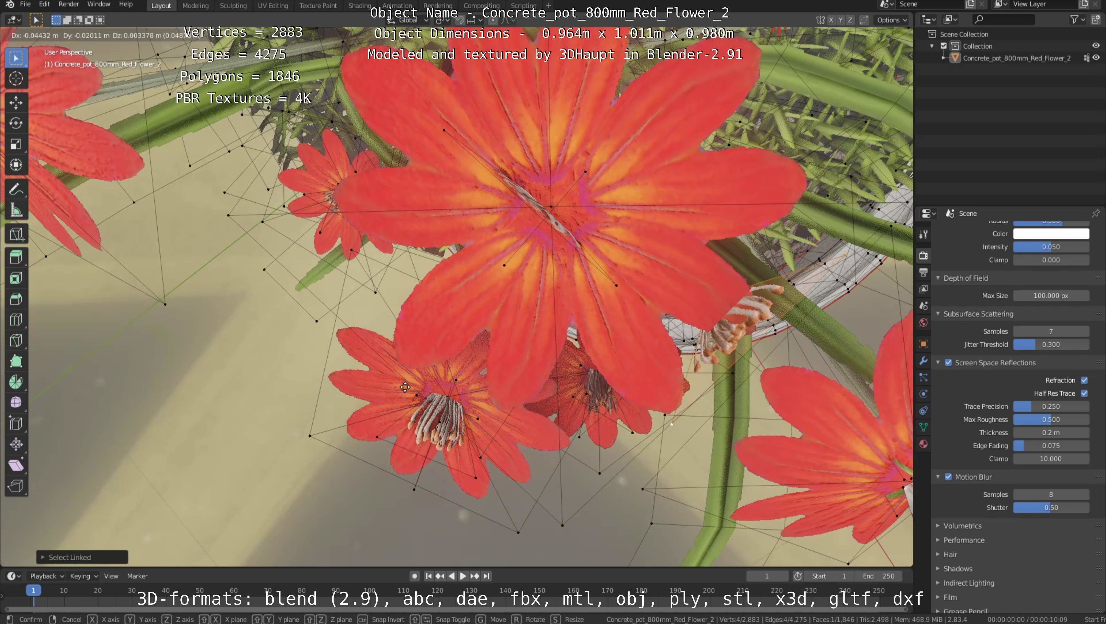 Concrete Pot 800mm with Red Flowers Version 2 Low-poly 3D model_77