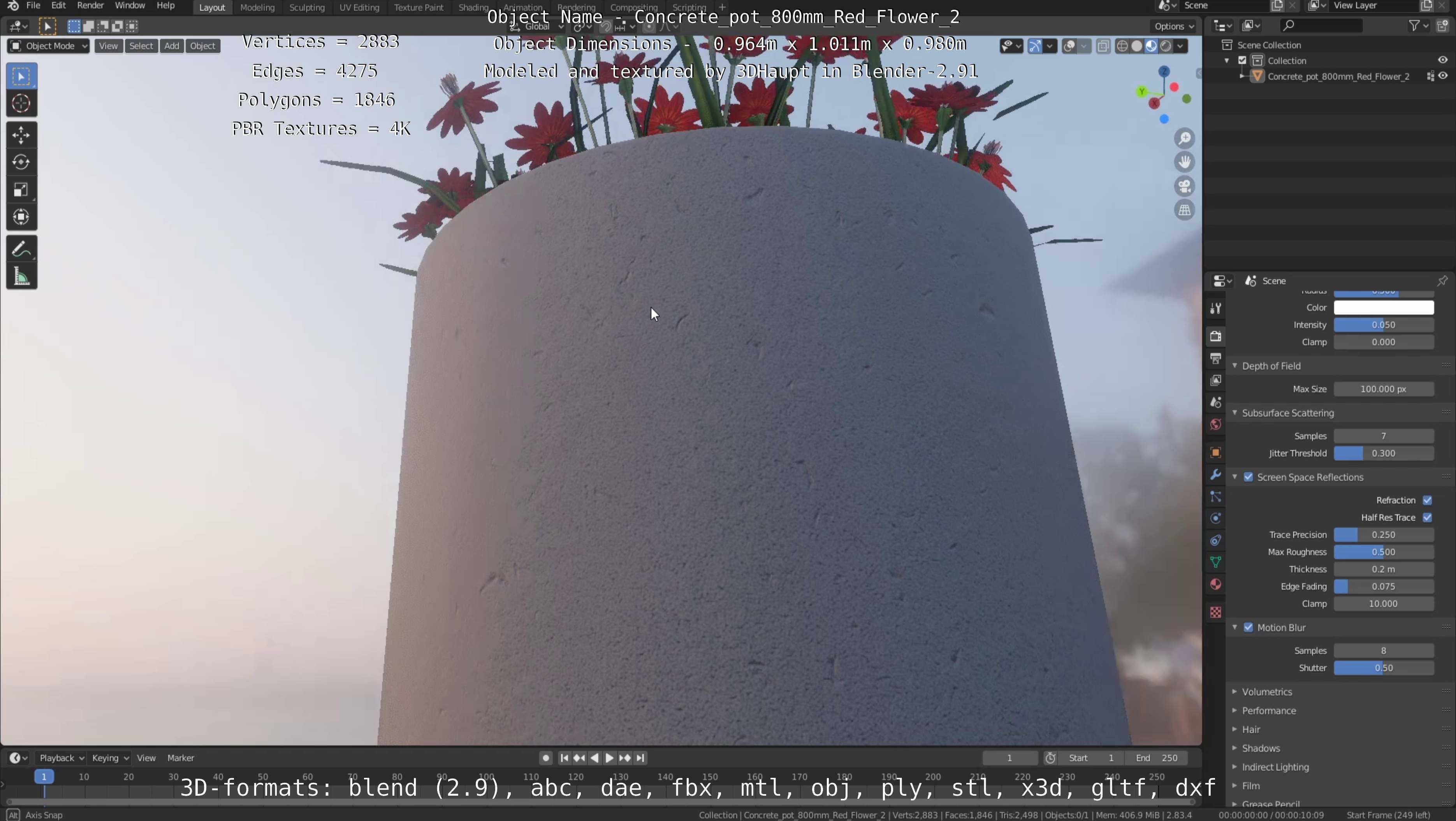 Concrete Pot 800mm with Red Flowers Version 2 Low-poly 3D model_52