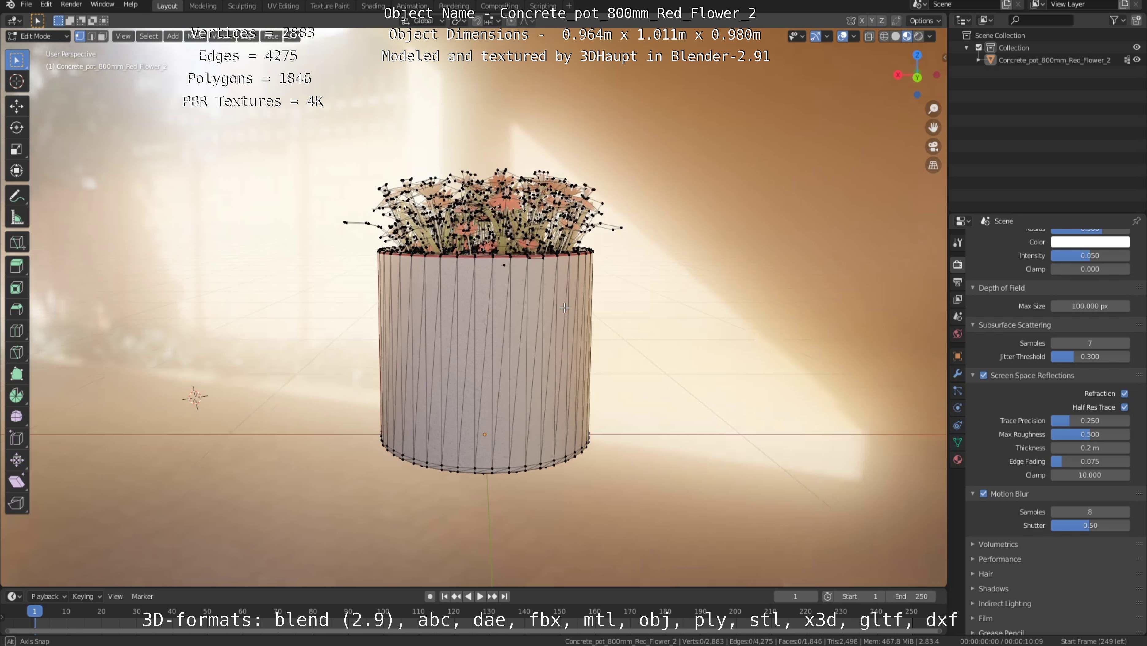 Concrete Pot 800mm with Red Flowers Version 2 Low-poly 3D model_109