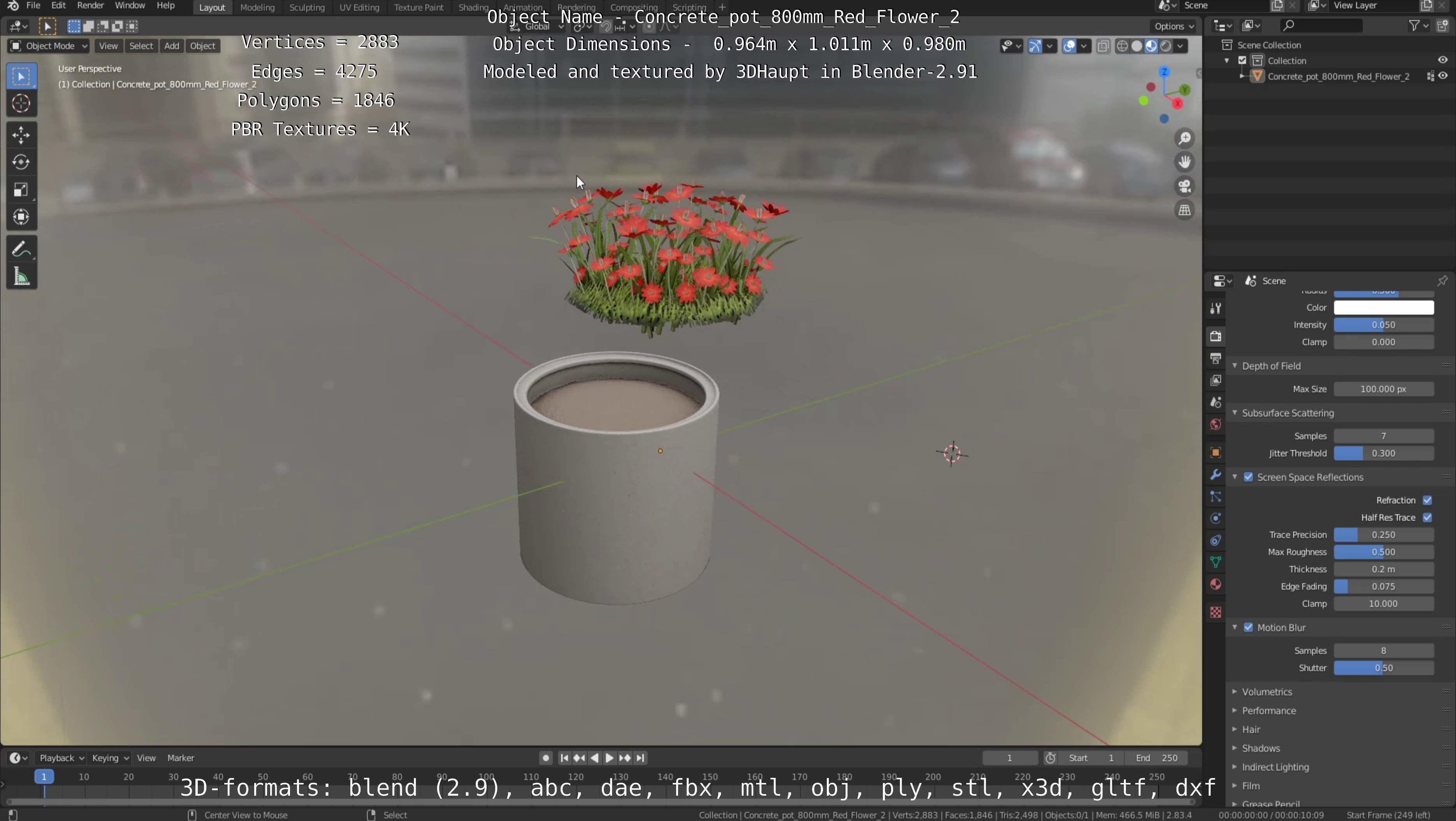 Concrete Pot 800mm with Red Flowers Version 2 Low-poly 3D model_45