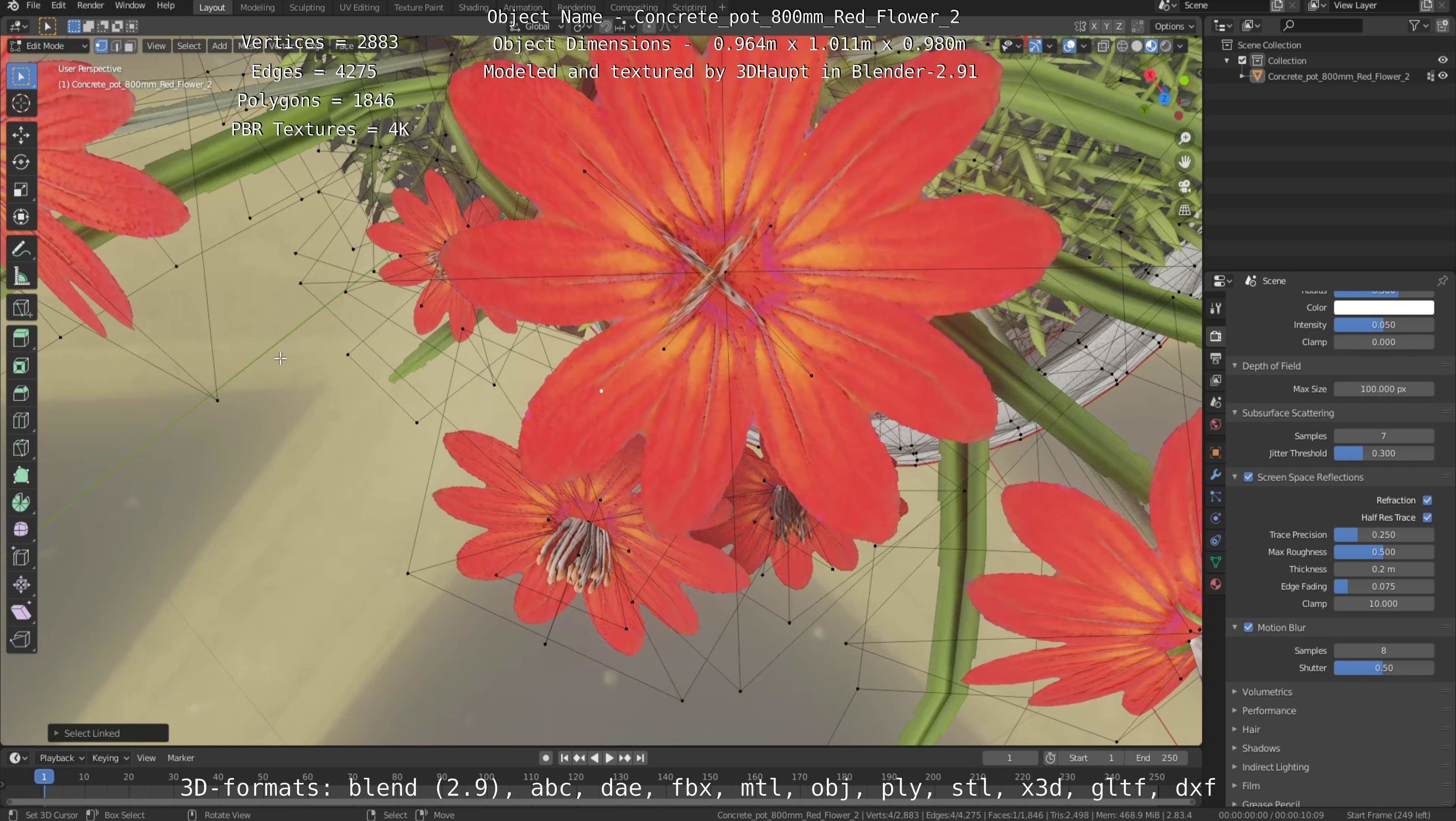 Concrete Pot 800mm with Red Flowers Version 2 Low-poly 3D model_75