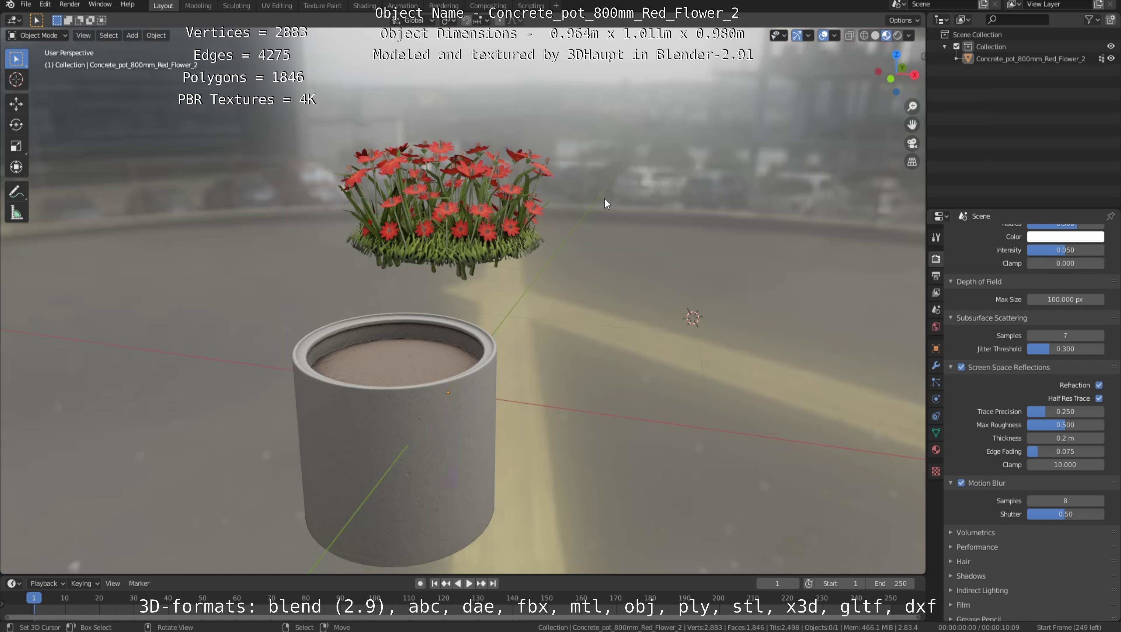 Concrete Pot 800mm with Red Flowers Version 2 Low-poly 3D model_66