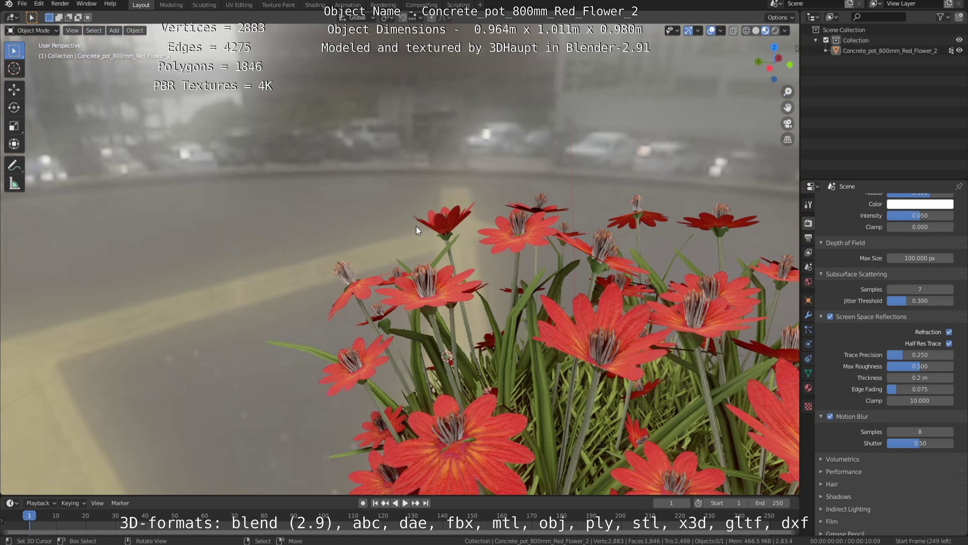 Concrete Pot 800mm with Red Flowers Version 2 Low-poly 3D model_43
