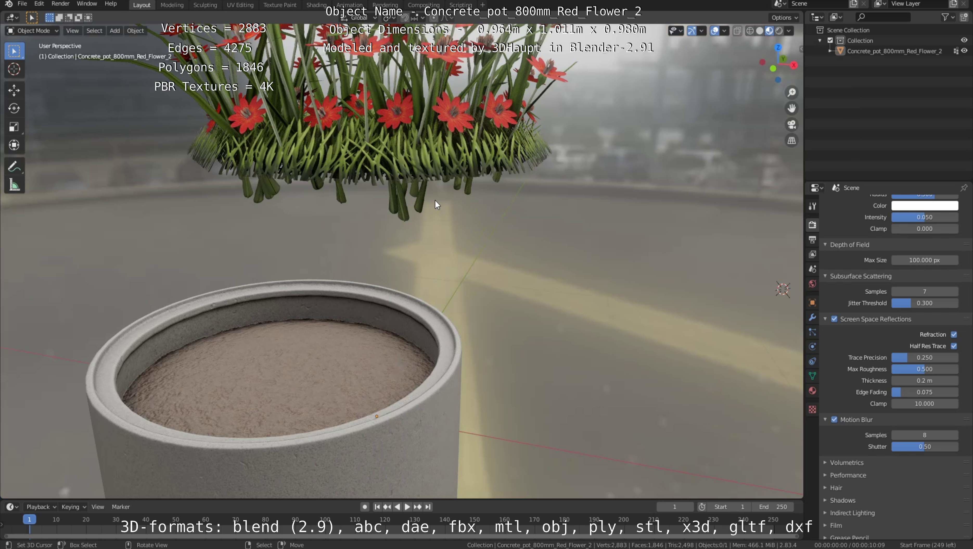 Concrete Pot 800mm with Red Flowers Version 2 Low-poly 3D model_38