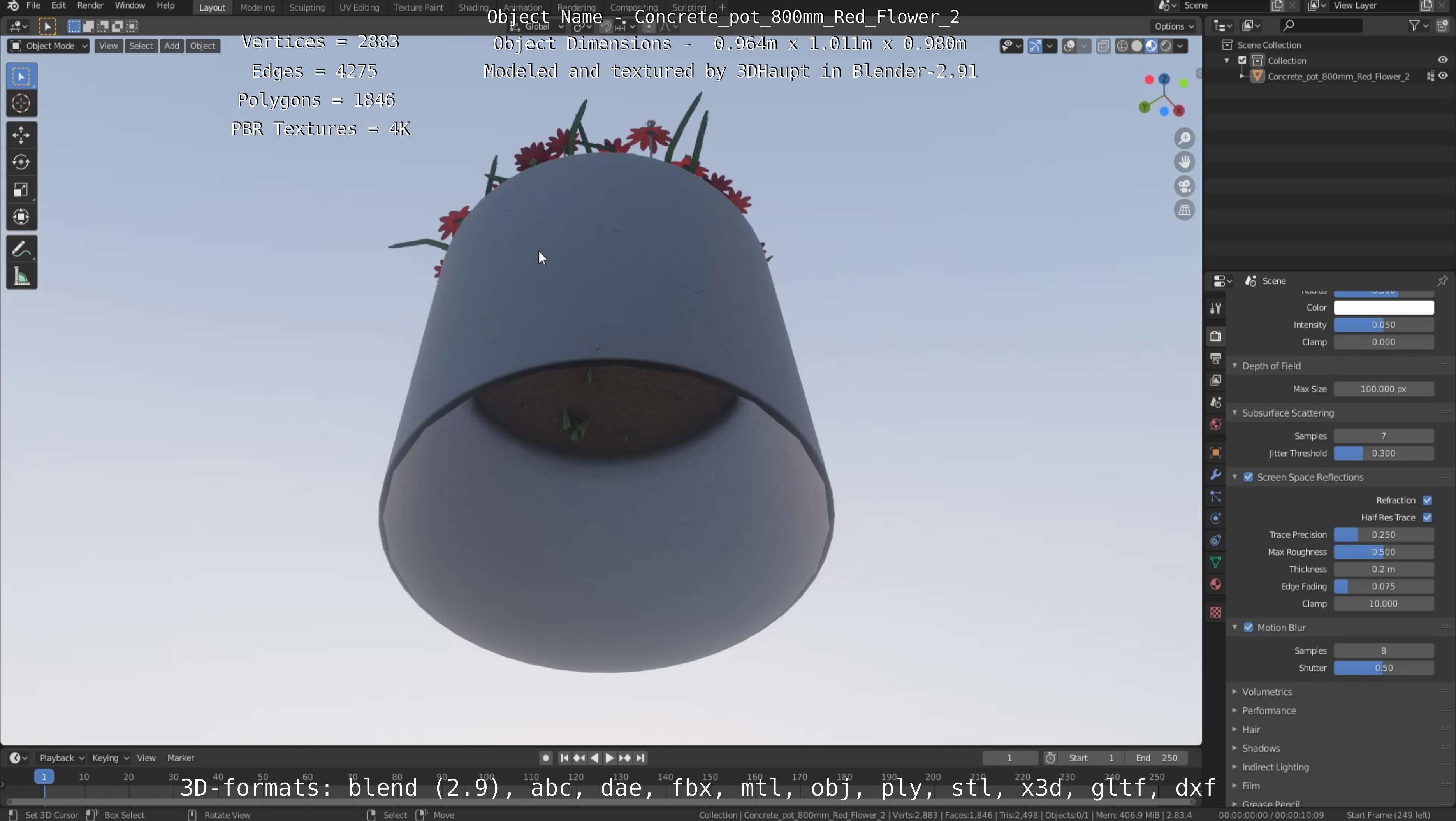 Concrete Pot 800mm with Red Flowers Version 2 Low-poly 3D model_94