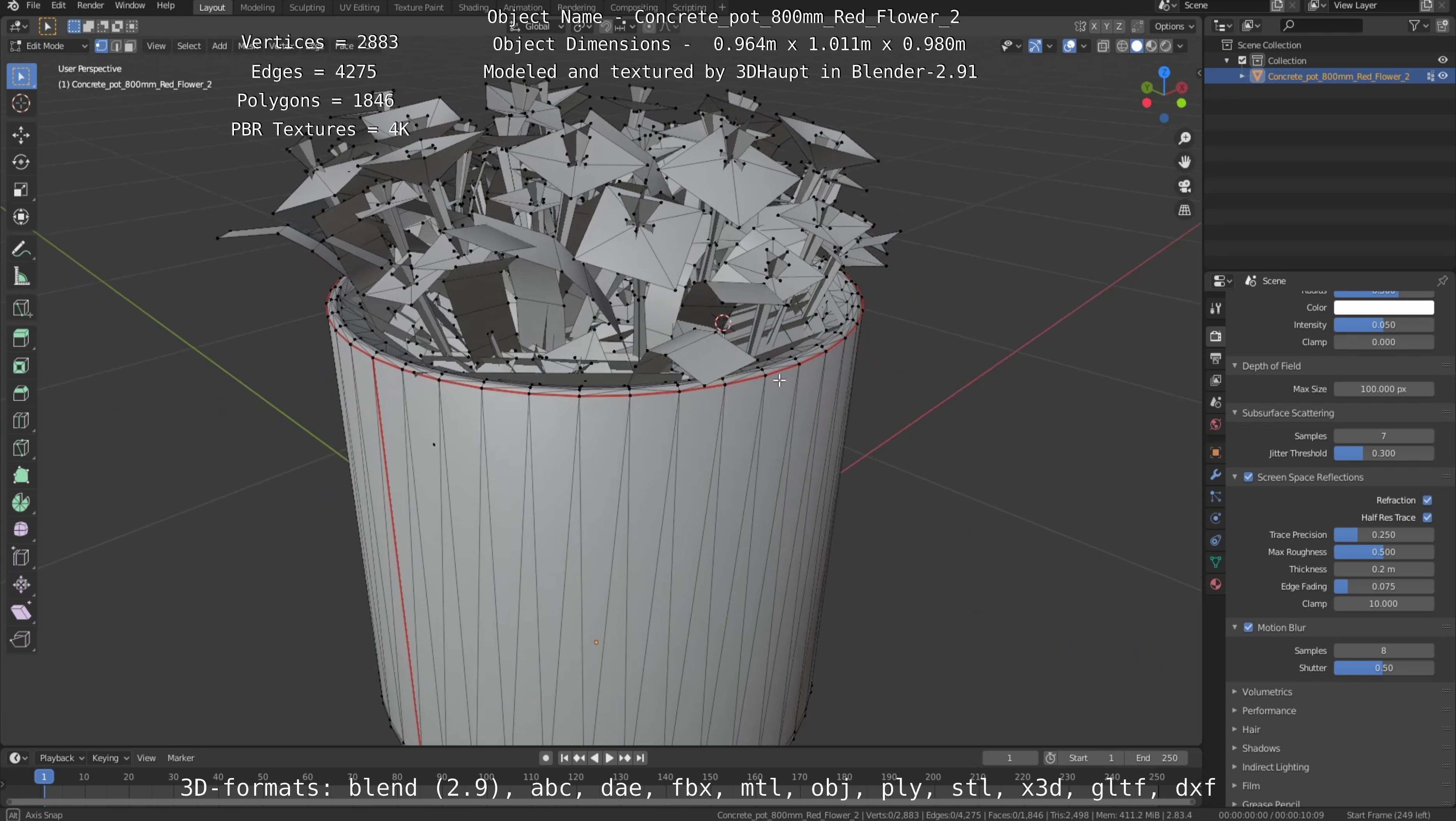 Concrete Pot 800mm with Red Flowers Version 2 Low-poly 3D model_11