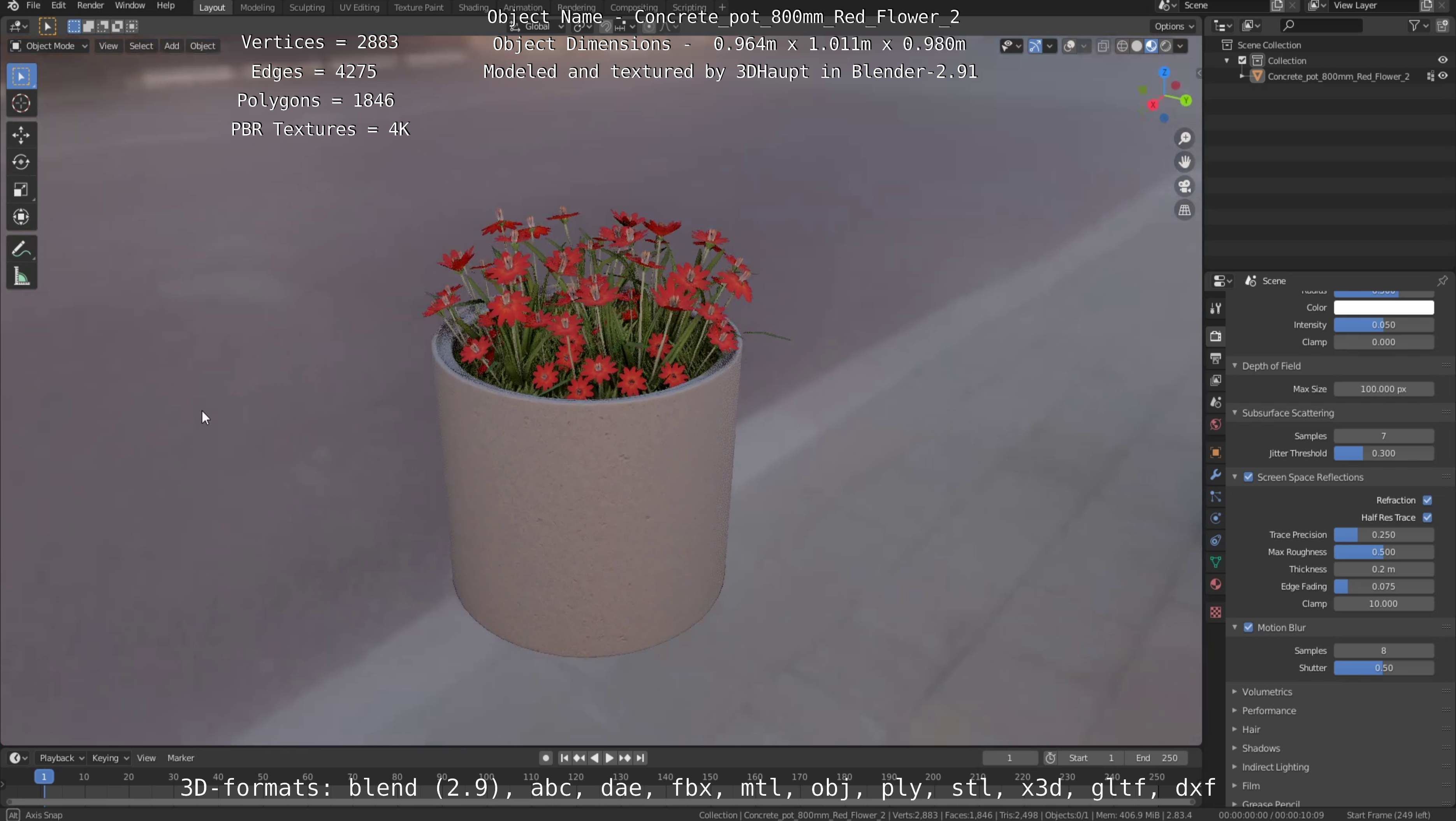 Concrete Pot 800mm with Red Flowers Version 2 Low-poly 3D model_96