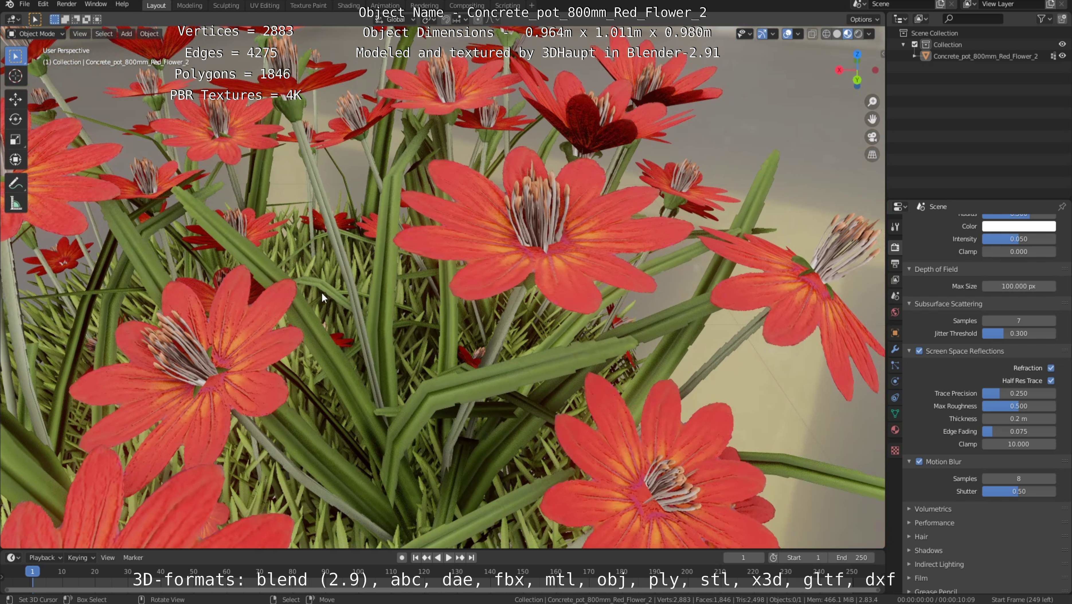Concrete Pot 800mm with Red Flowers Version 2 Low-poly 3D model_72