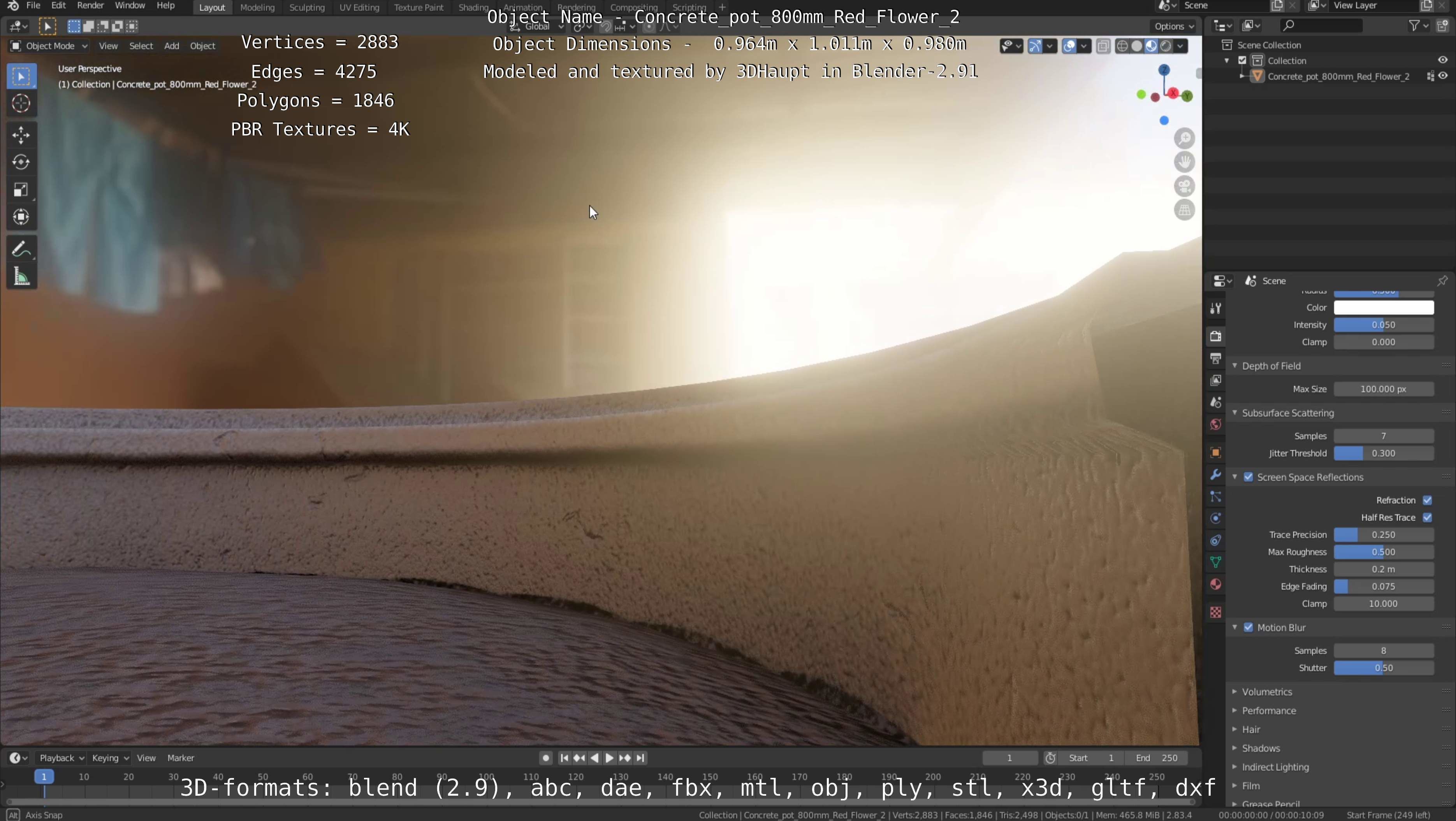 Concrete Pot 800mm with Red Flowers Version 2 Low-poly 3D model_56
