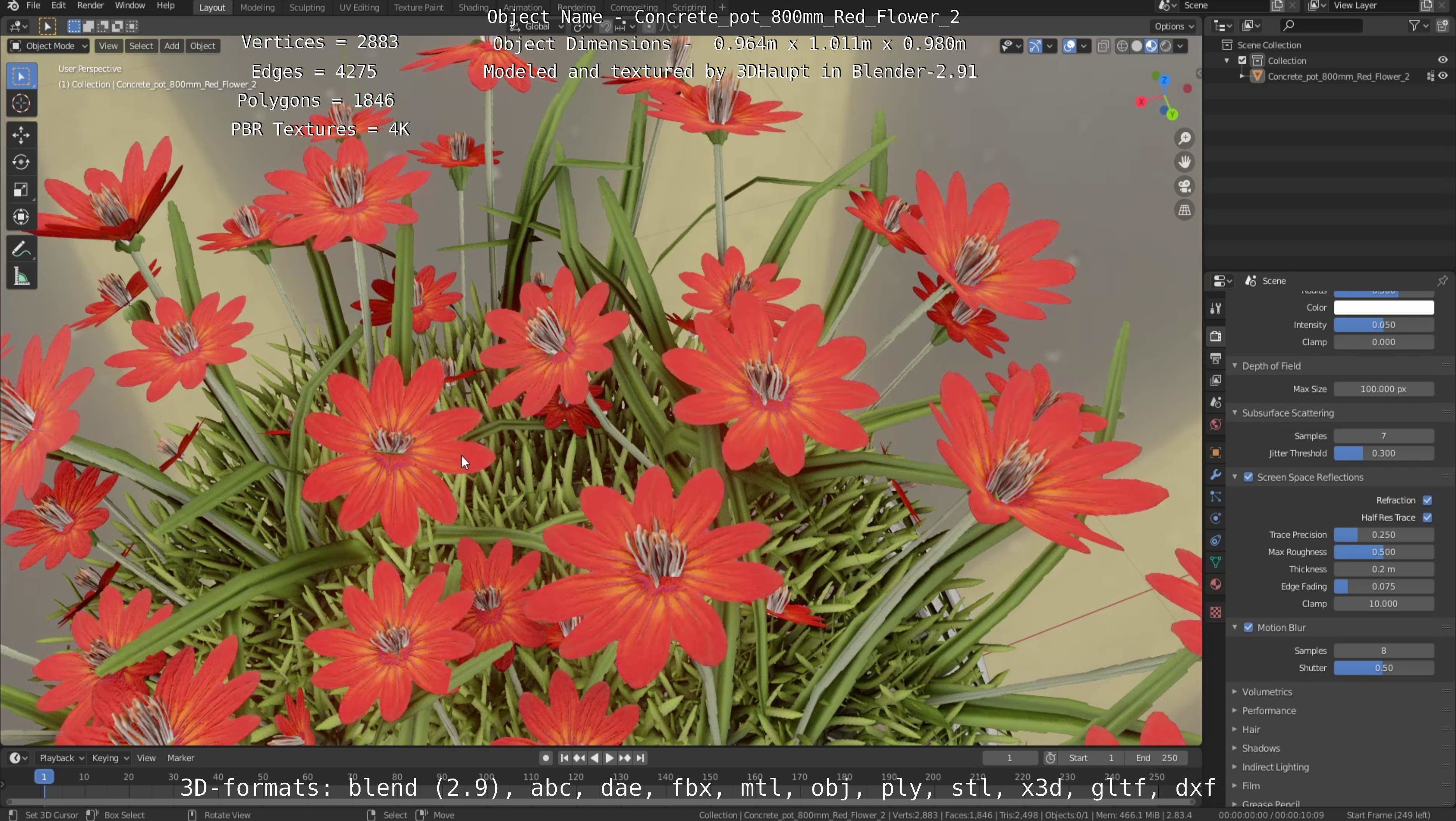 Concrete Pot 800mm with Red Flowers Version 2 Low-poly 3D model_70