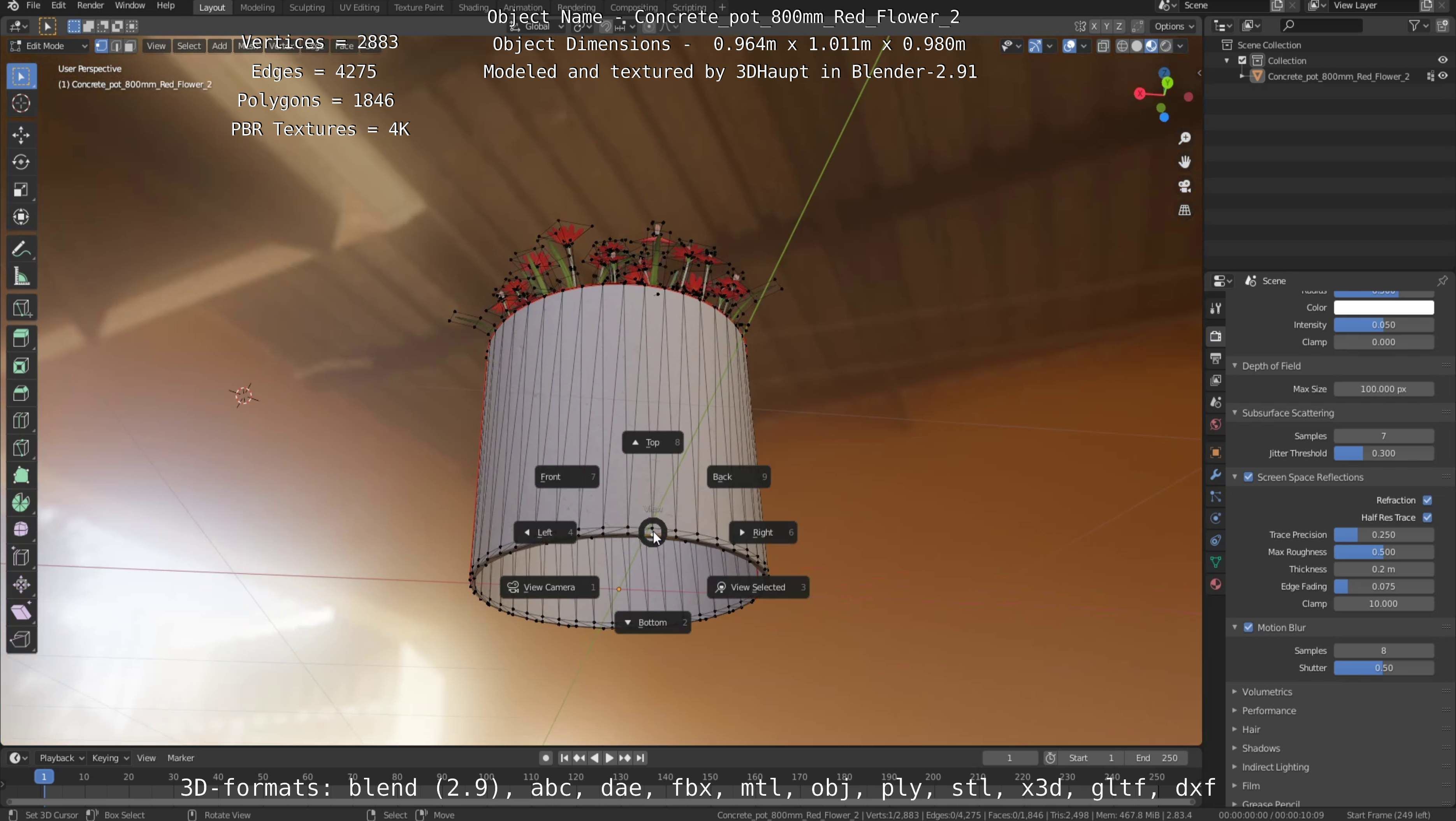 Concrete Pot 800mm with Red Flowers Version 2 Low-poly 3D model_19