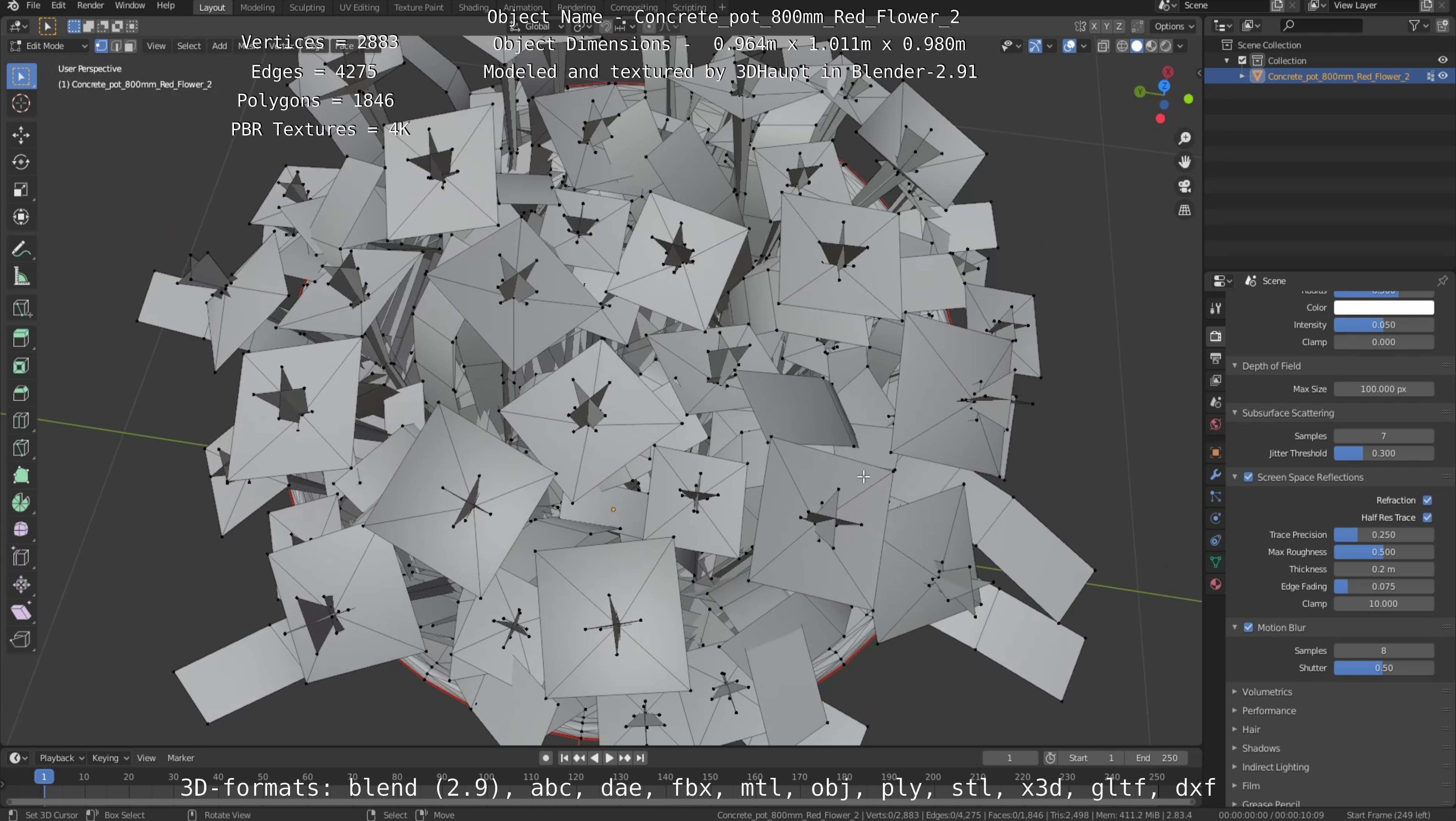 Concrete Pot 800mm with Red Flowers Version 2 Low-poly 3D model_9