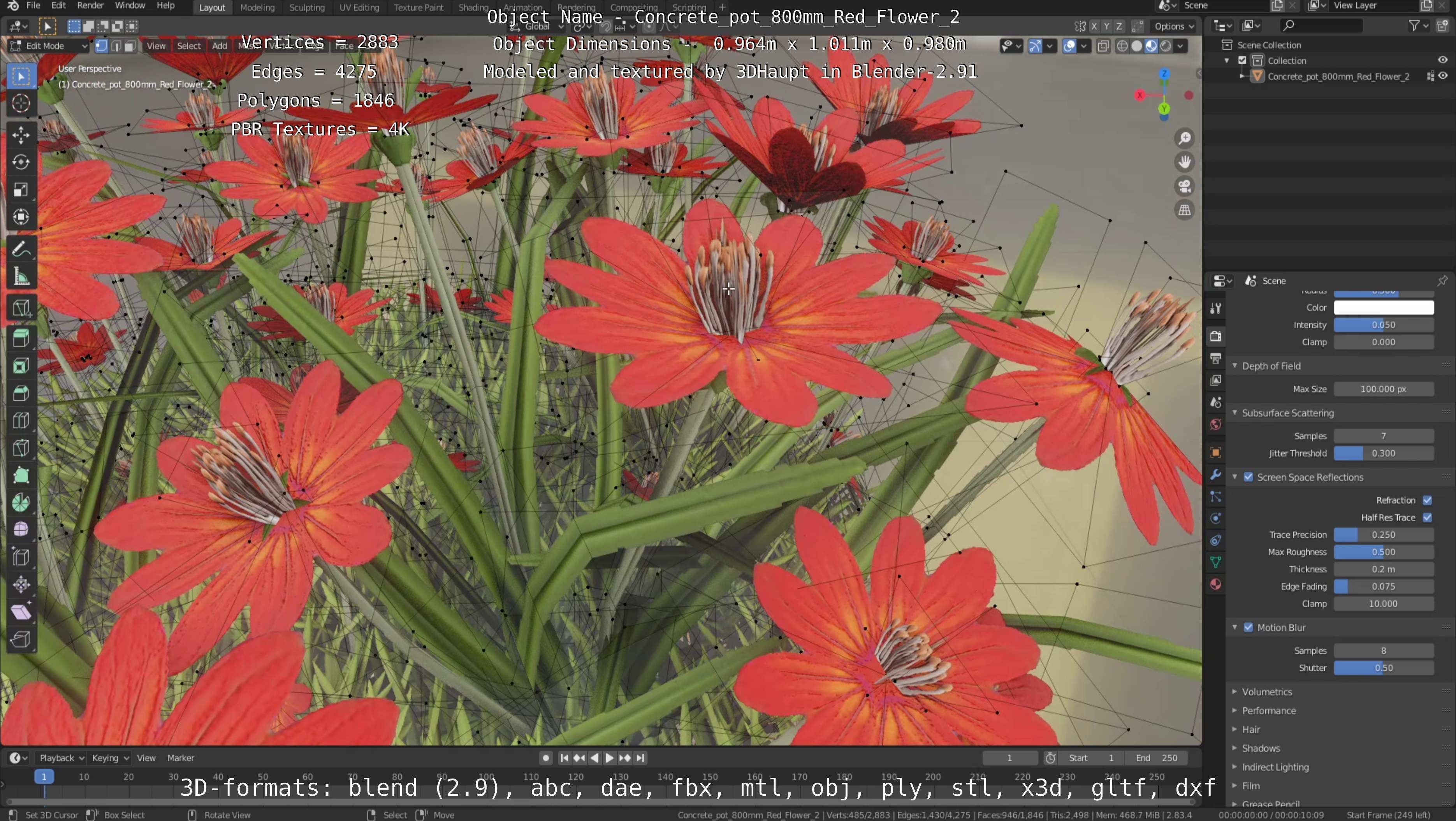 Concrete Pot 800mm with Red Flowers Version 2 Low-poly 3D model_73