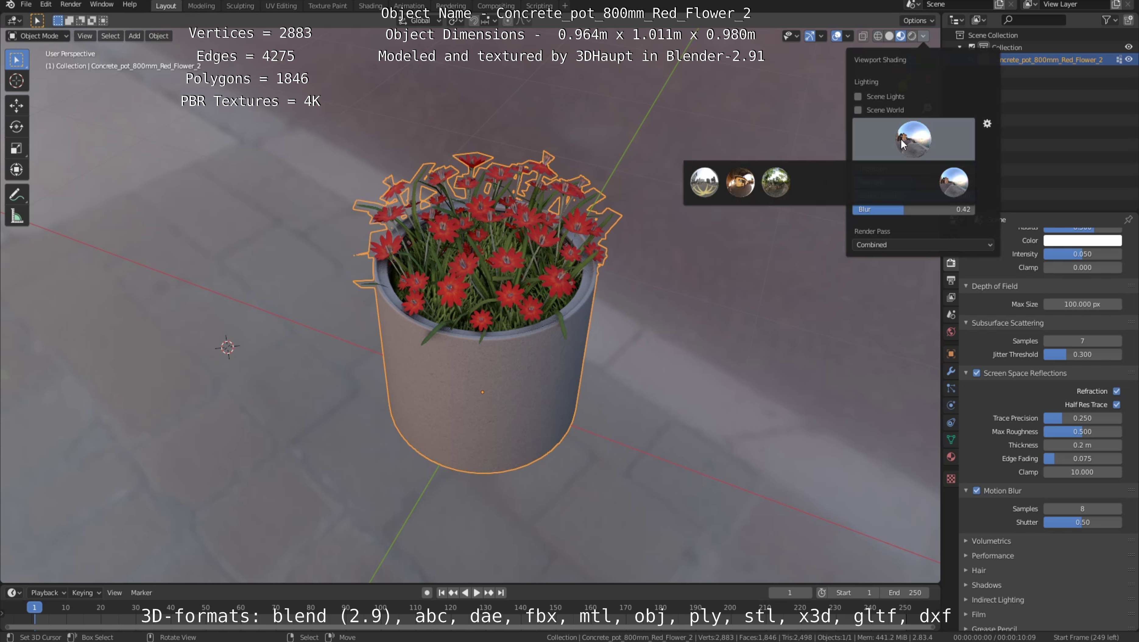 Concrete Pot 800mm with Red Flowers Version 2 Low-poly 3D model_112