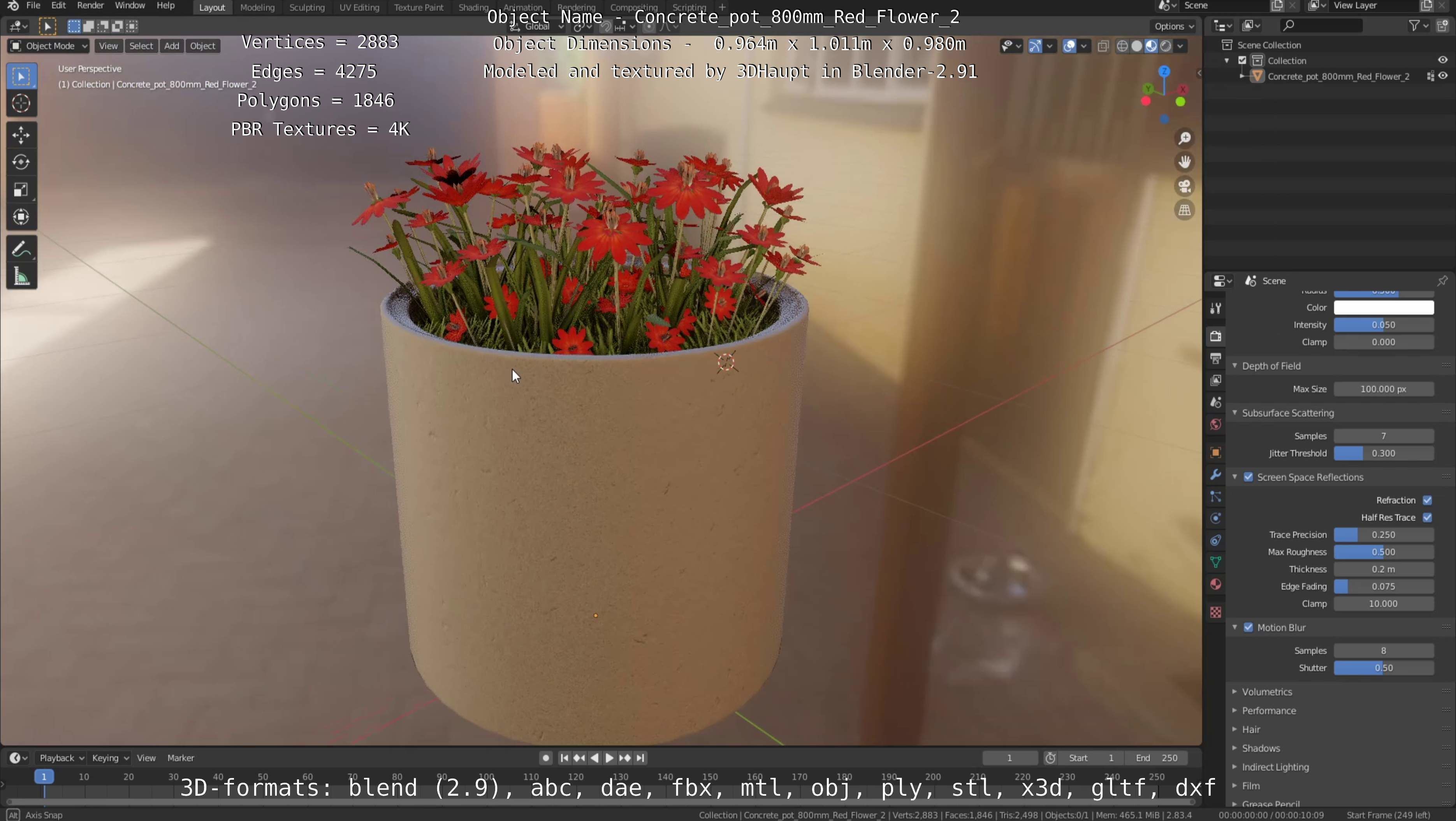 Concrete Pot 800mm with Red Flowers Version 2 Low-poly 3D model_16