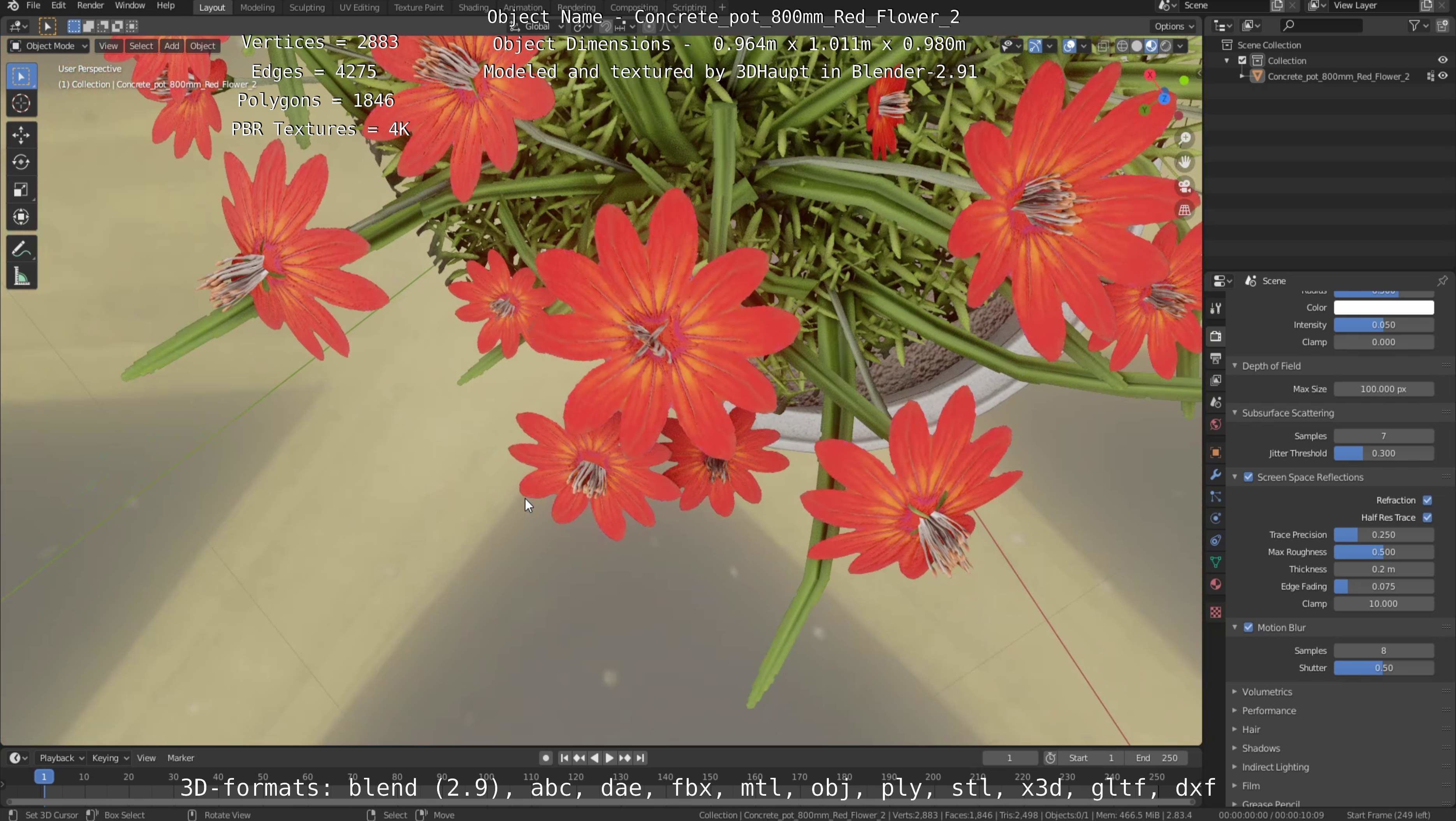 Concrete Pot 800mm with Red Flowers Version 2 Low-poly 3D model_78