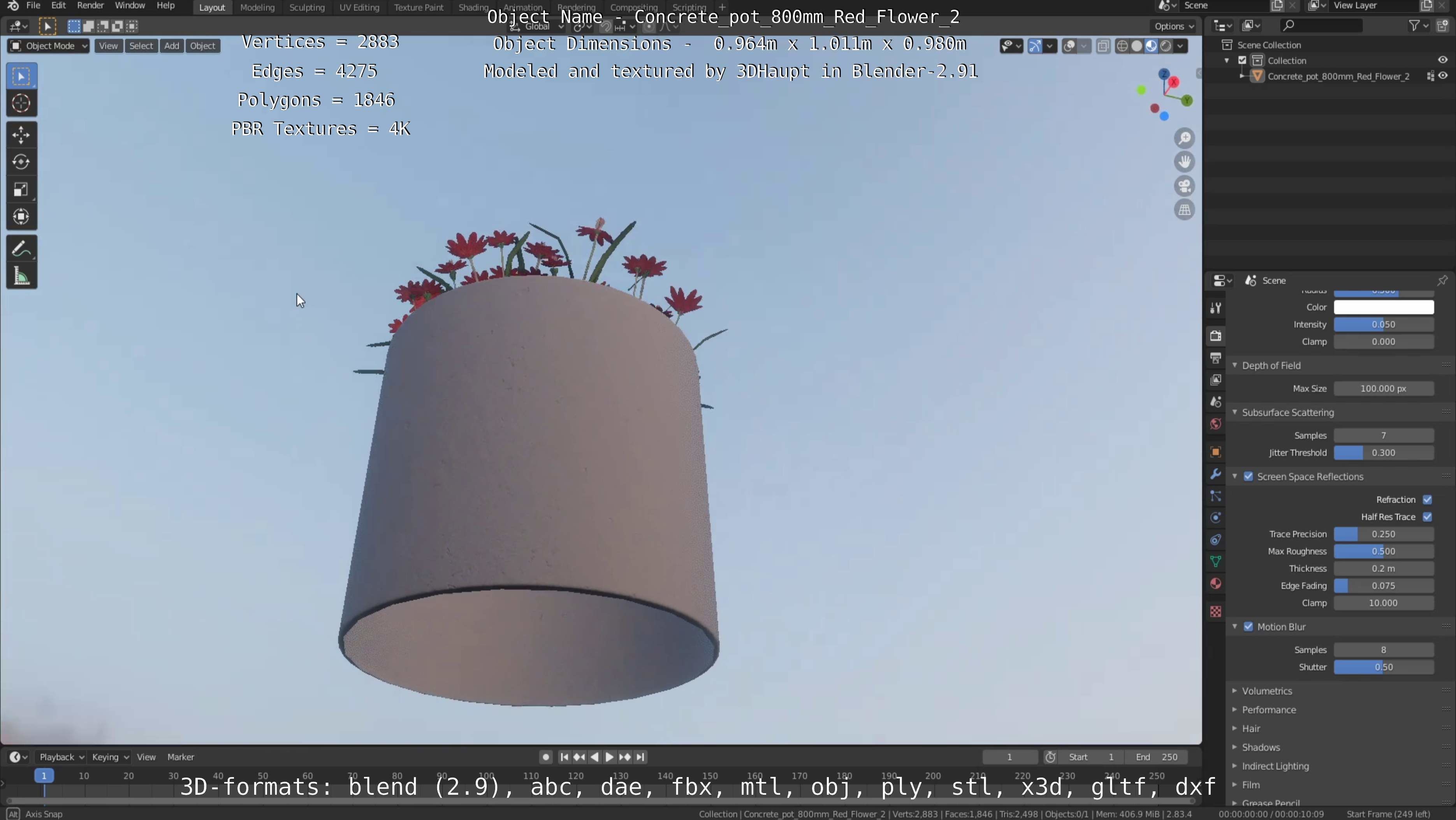 Concrete Pot 800mm with Red Flowers Version 2 Low-poly 3D model_95