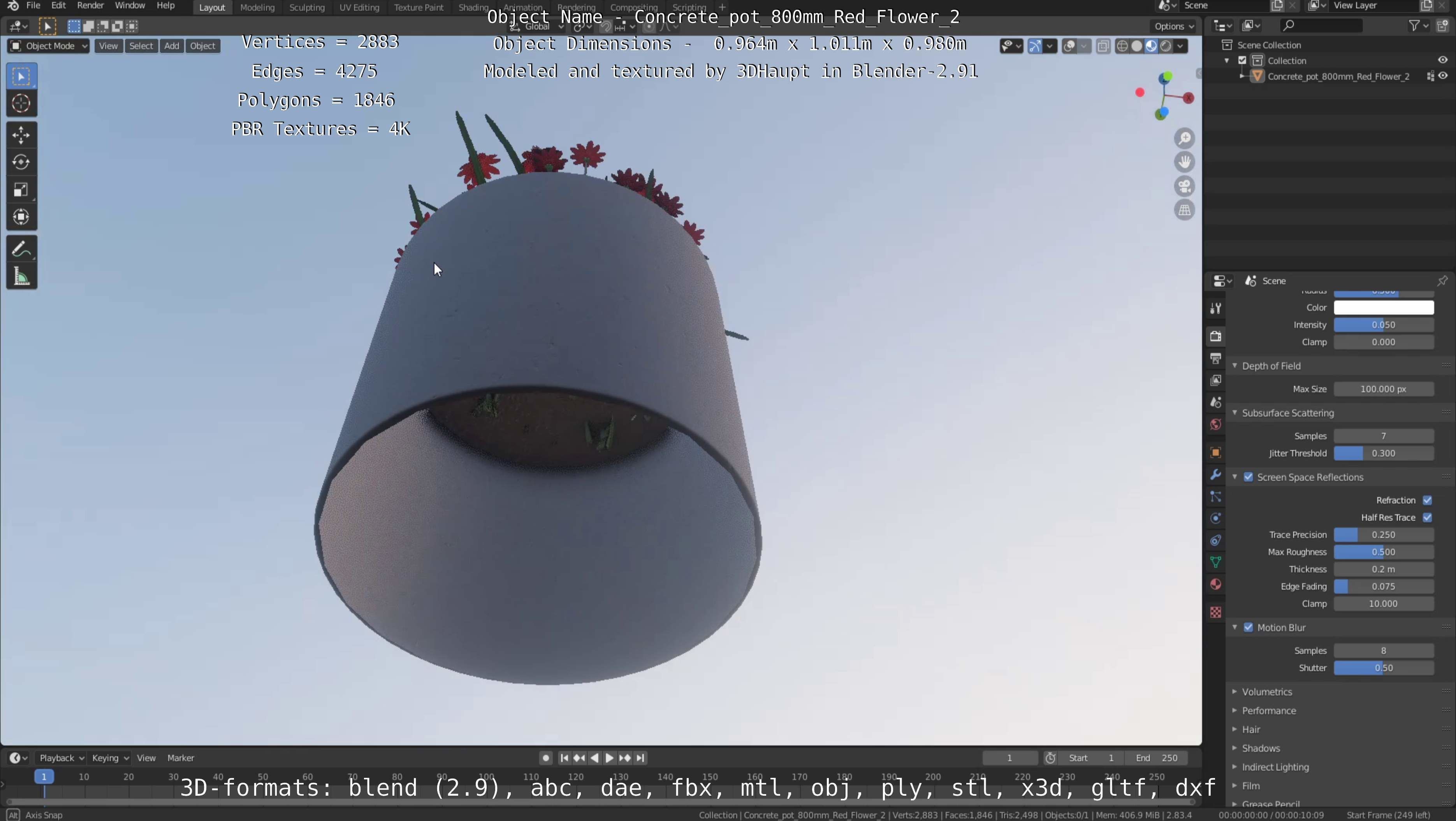 Concrete Pot 800mm with Red Flowers Version 2 Low-poly 3D model_3