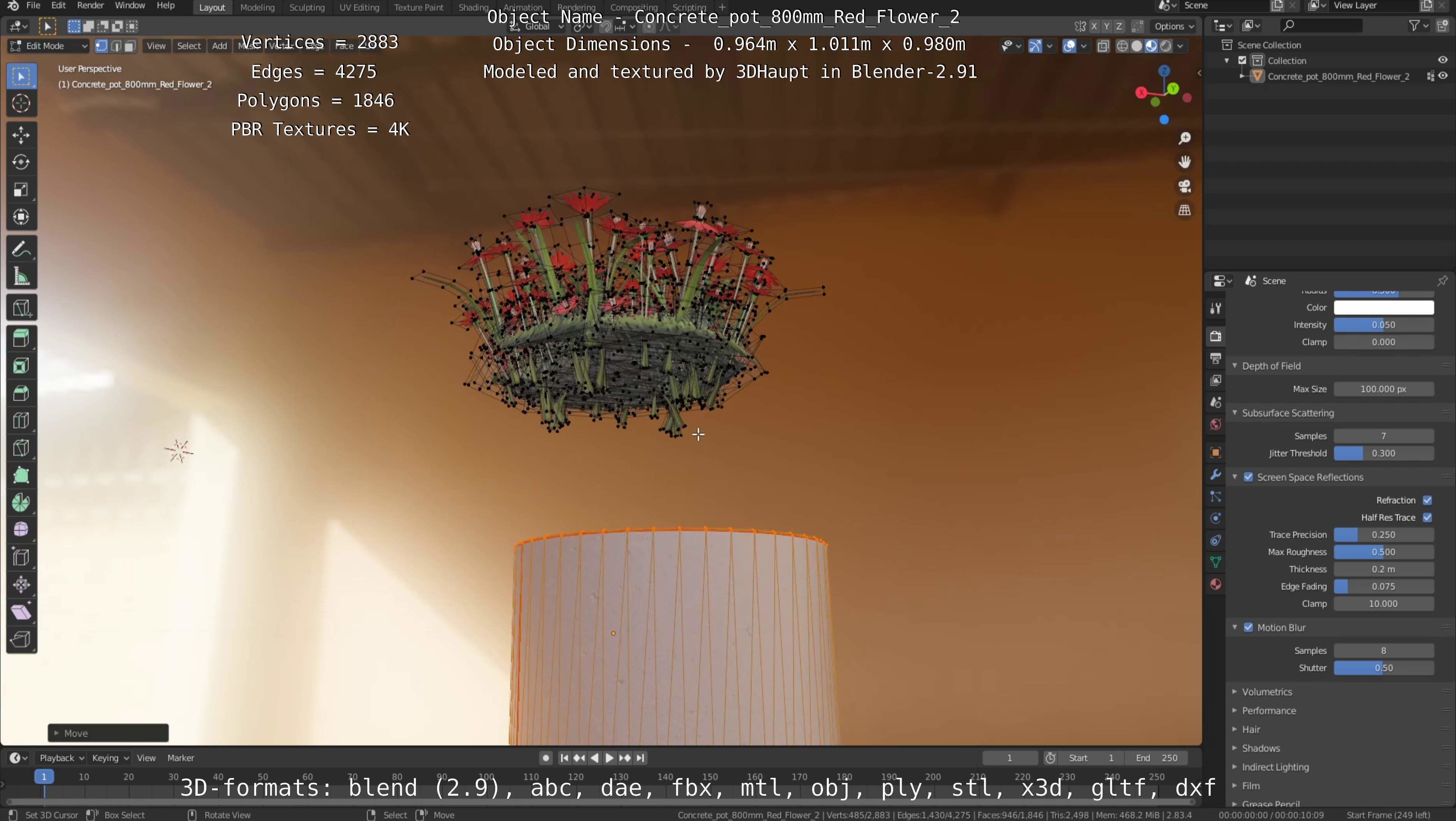 Concrete Pot 800mm with Red Flowers Version 2 Low-poly 3D model_22