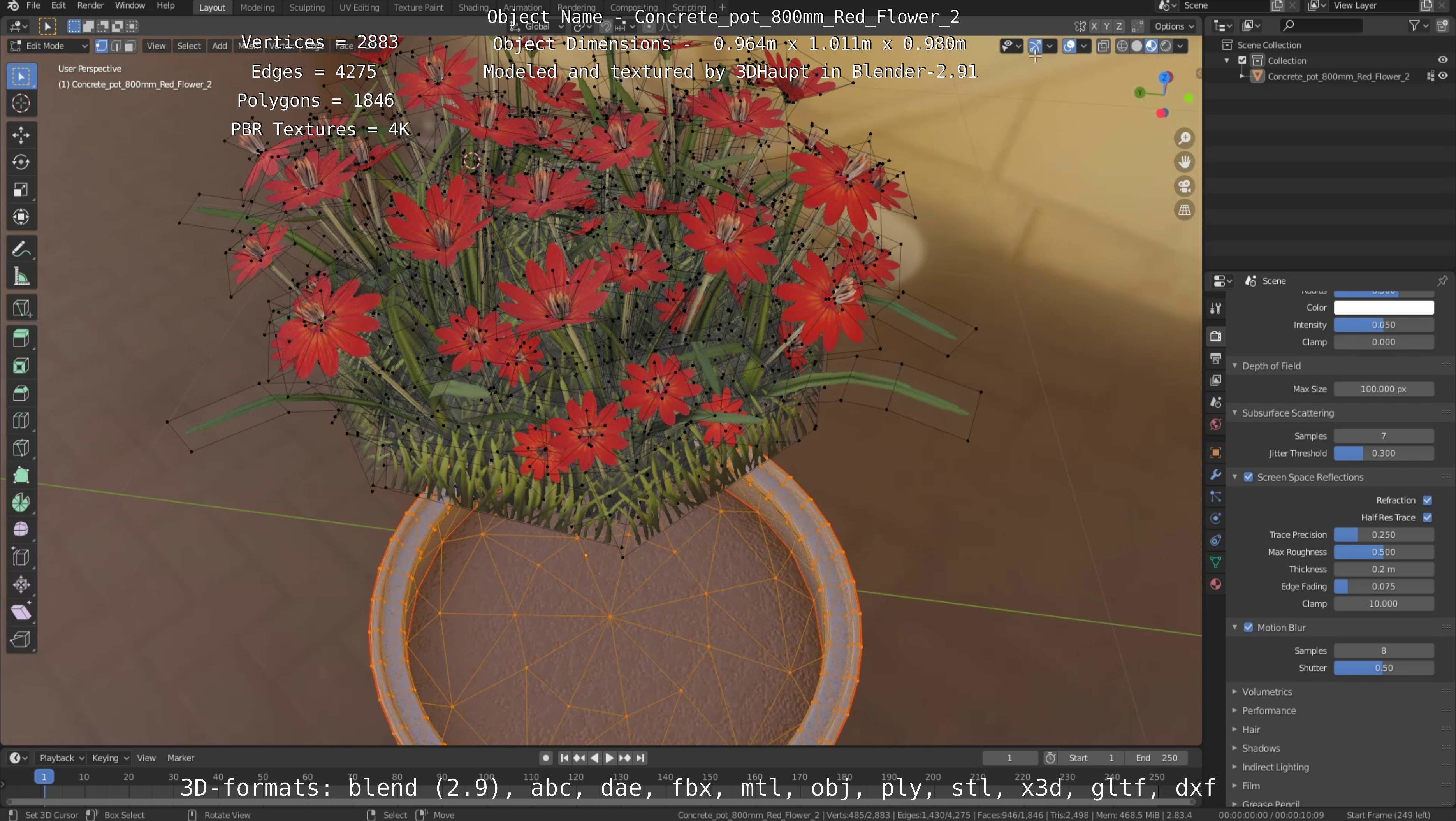 Concrete Pot 800mm with Red Flowers Version 2 Low-poly 3D model_62