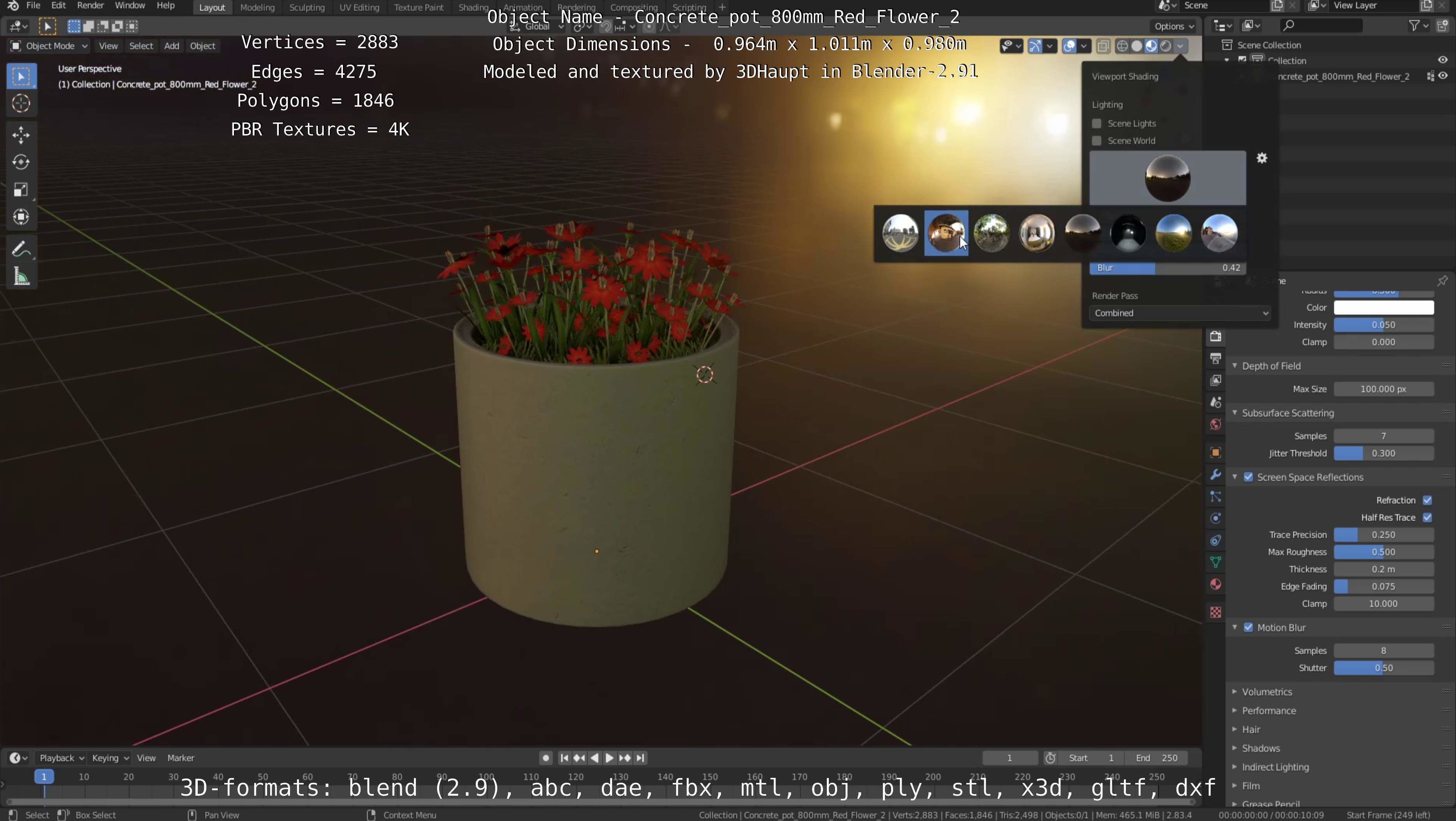 Concrete Pot 800mm with Red Flowers Version 2 Low-poly 3D model_15