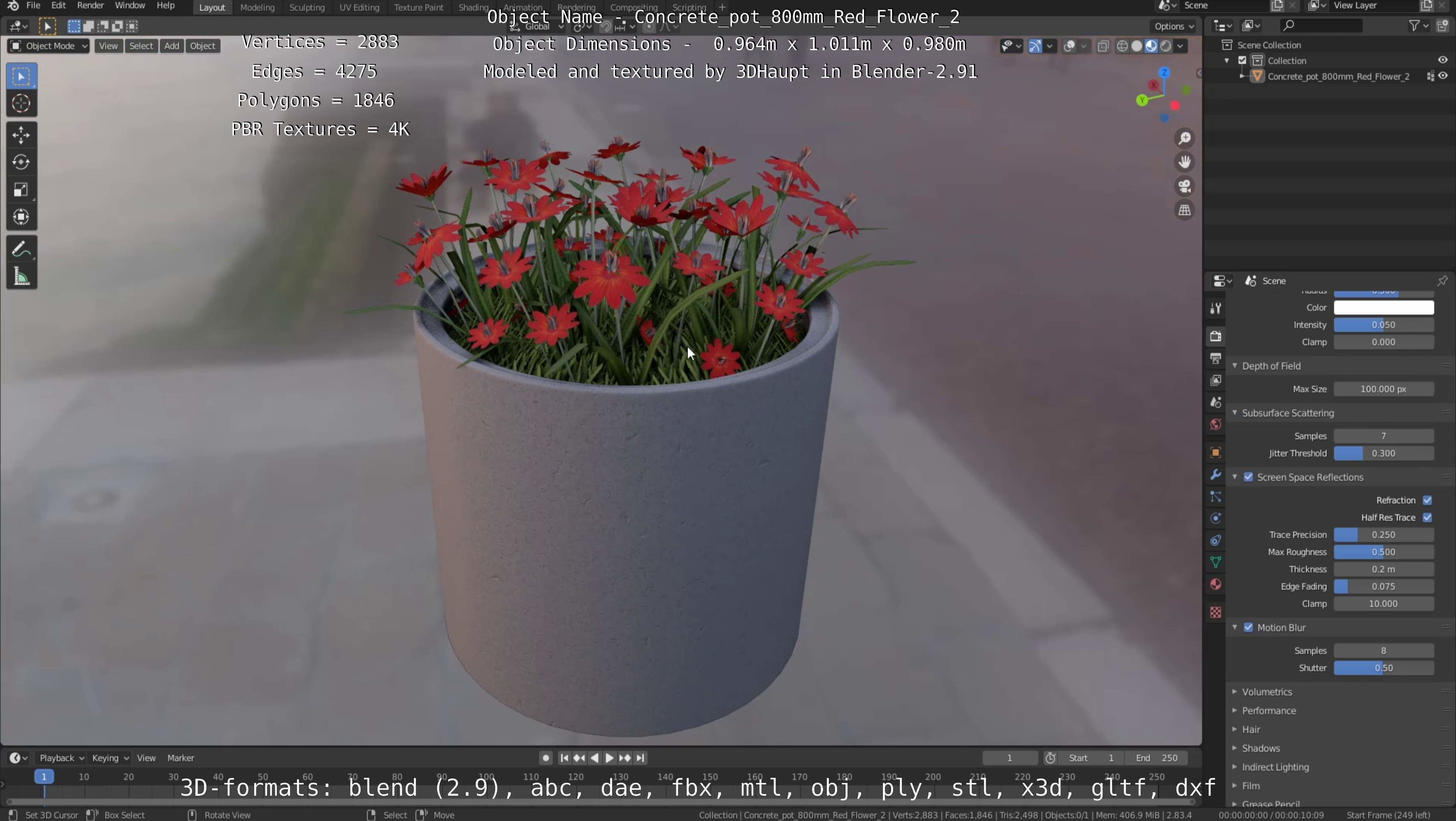 Concrete Pot 800mm with Red Flowers Version 2 Low-poly 3D model_13