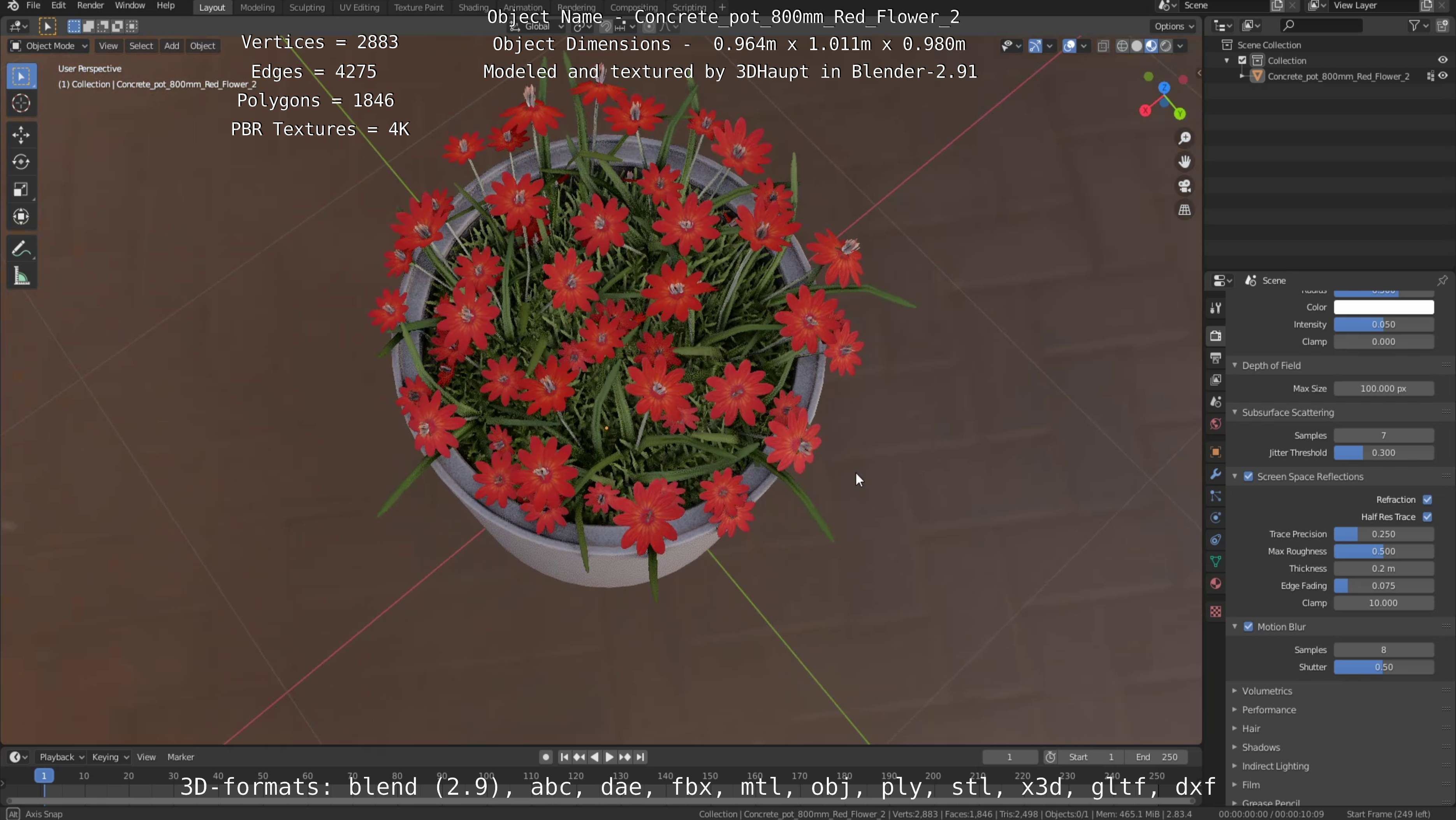 Concrete Pot 800mm with Red Flowers Version 2 Low-poly 3D model_115
